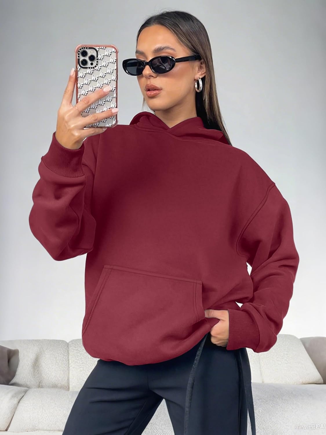 image:imageATHMILE Womens Oversized Hoodies Fleece Sweatshirts Long Sleeve Sweaters Pullover Fall Clothes with PocketWine Red