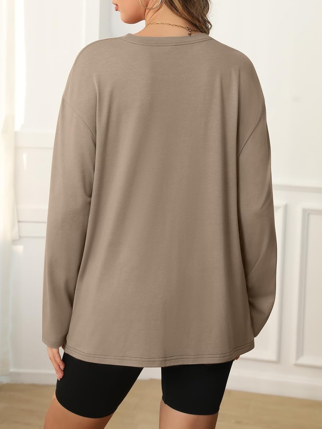 image:imageATHMILE Womens Oversized Long Sleeve T Shirts Basic Crewneck Tee Fall Tops Casual Workout Fashion Casual Y2K ClothesKhaki