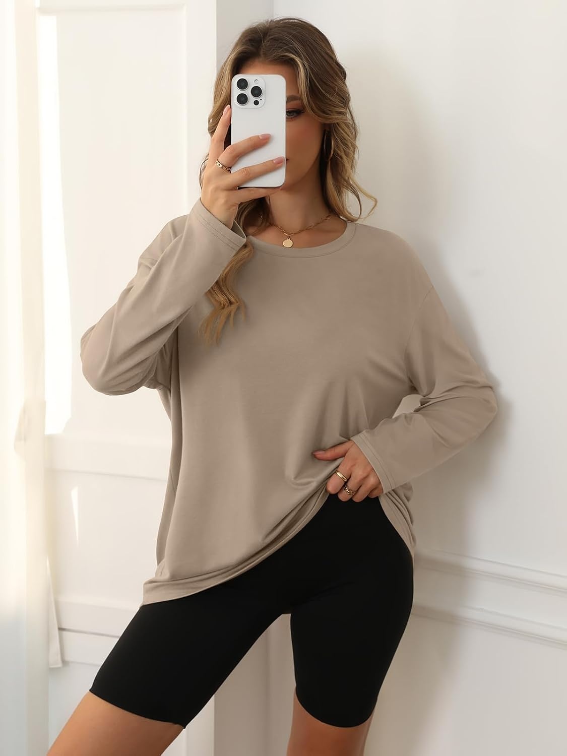 image:imageATHMILE Womens Oversized Long Sleeve T Shirts Basic Crewneck Tee Fall Tops Casual Workout Fashion Casual Y2K ClothesKhaki