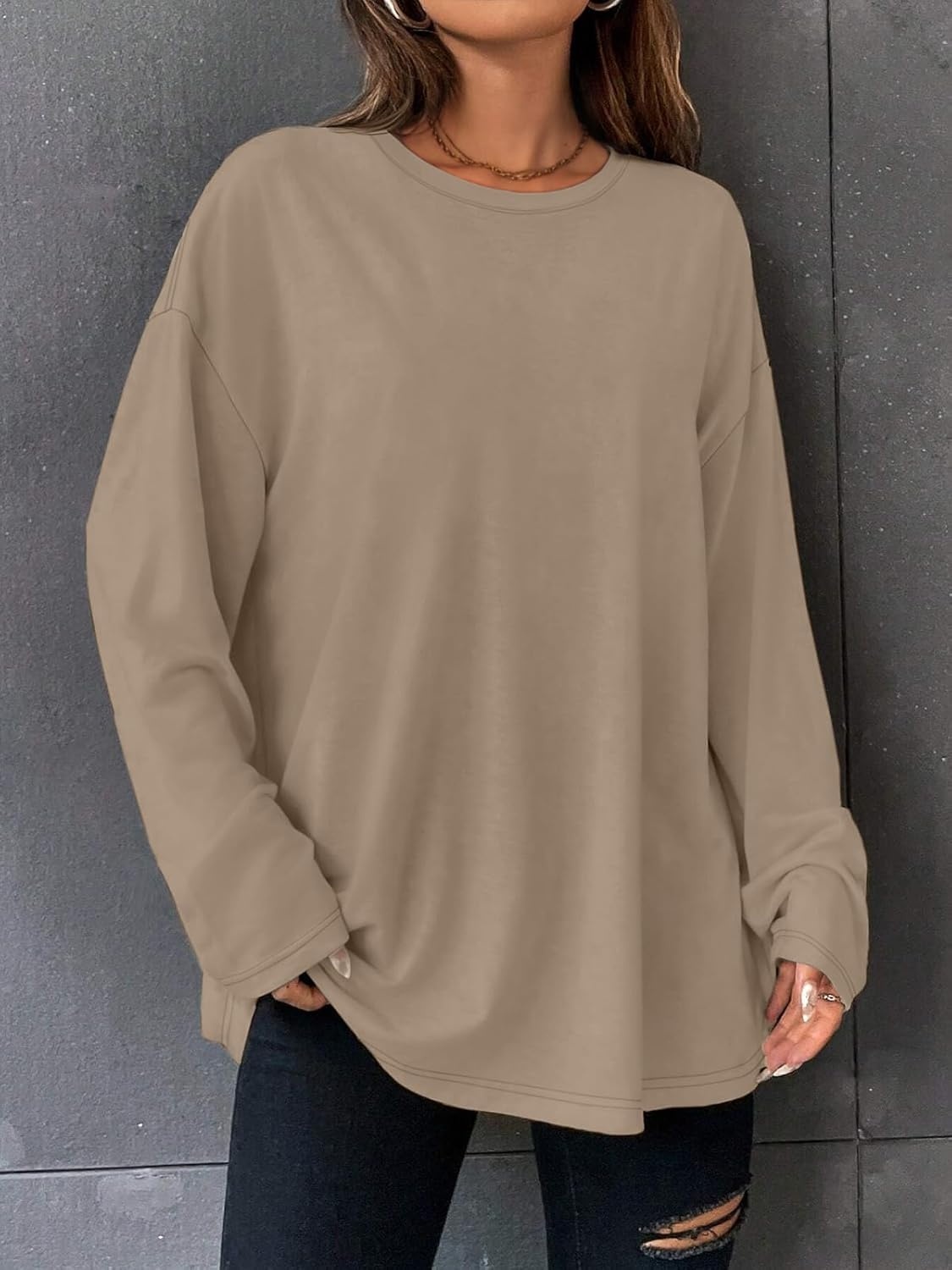 image:imageATHMILE Womens Oversized Long Sleeve T Shirts Basic Crewneck Tee Fall Tops Casual Workout Fashion Casual Y2K ClothesKhaki