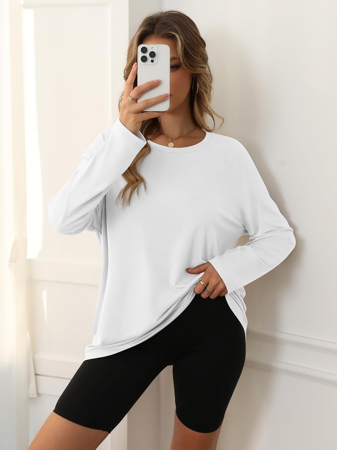 image:imageATHMILE Womens Oversized Long Sleeve T Shirts Basic Crewneck Tee Fall Tops Casual Workout Fashion Casual Y2K ClothesWhite