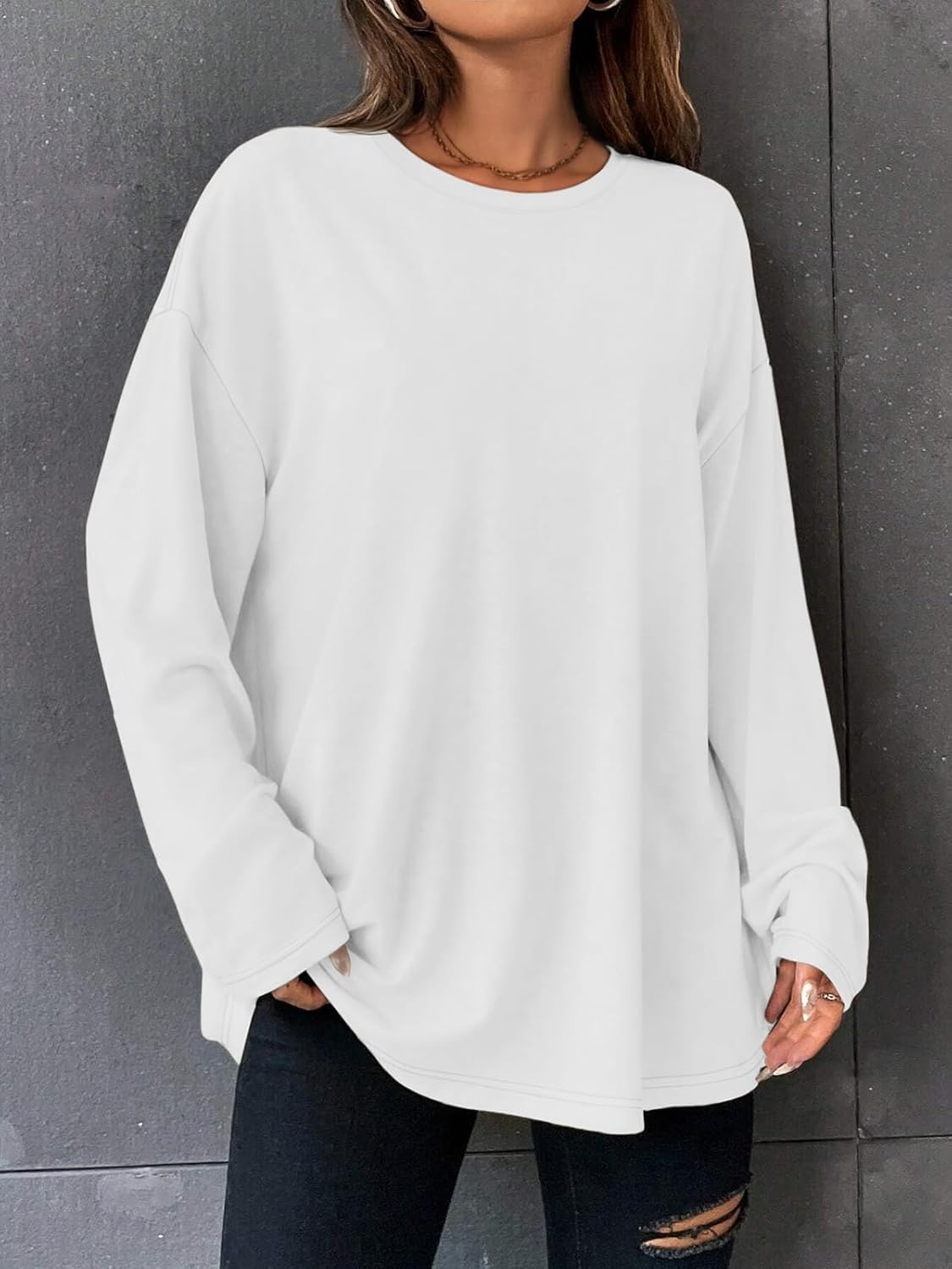 image:imageATHMILE Womens Oversized Long Sleeve T Shirts Basic Crewneck Tee Fall Tops Casual Workout Fashion Casual Y2K ClothesWhite