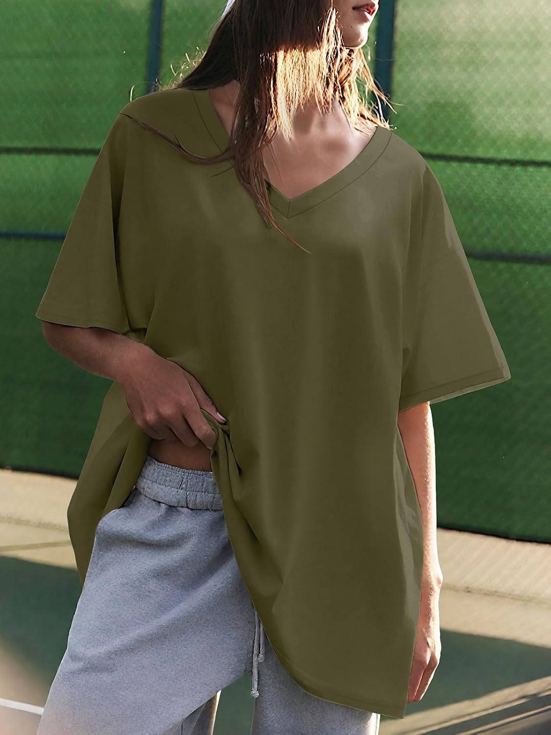image:imageATHMILE Womens Oversized Shirts V Neck Plus Size Spring Workout Summer Tops Beach Vacation 2026 Gym Clothes Basic TeeArmy Green