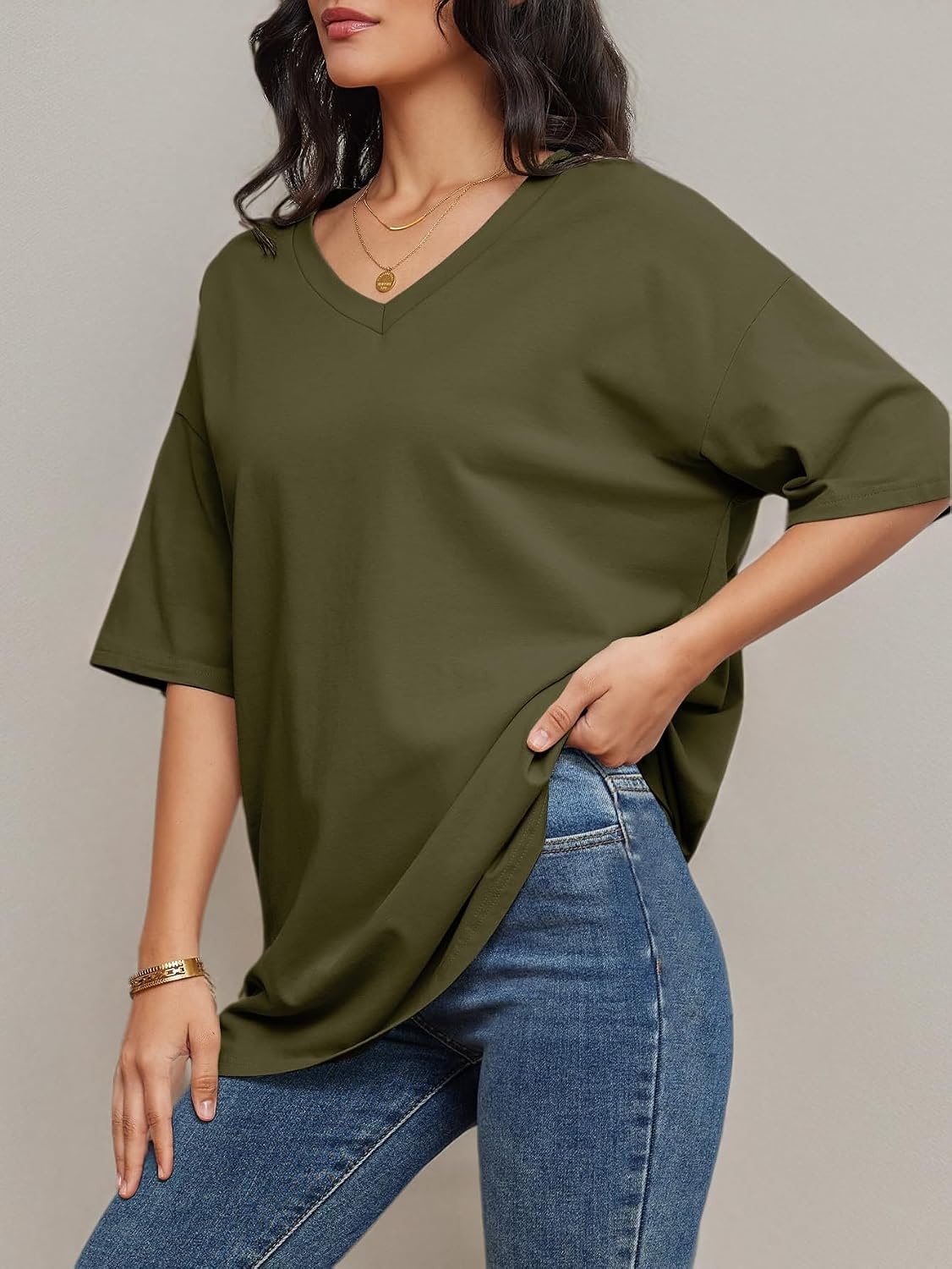 image:imageATHMILE Womens Oversized Shirts V Neck Plus Size Spring Workout Summer Tops Beach Vacation 2026 Gym Clothes Basic TeeArmy Green