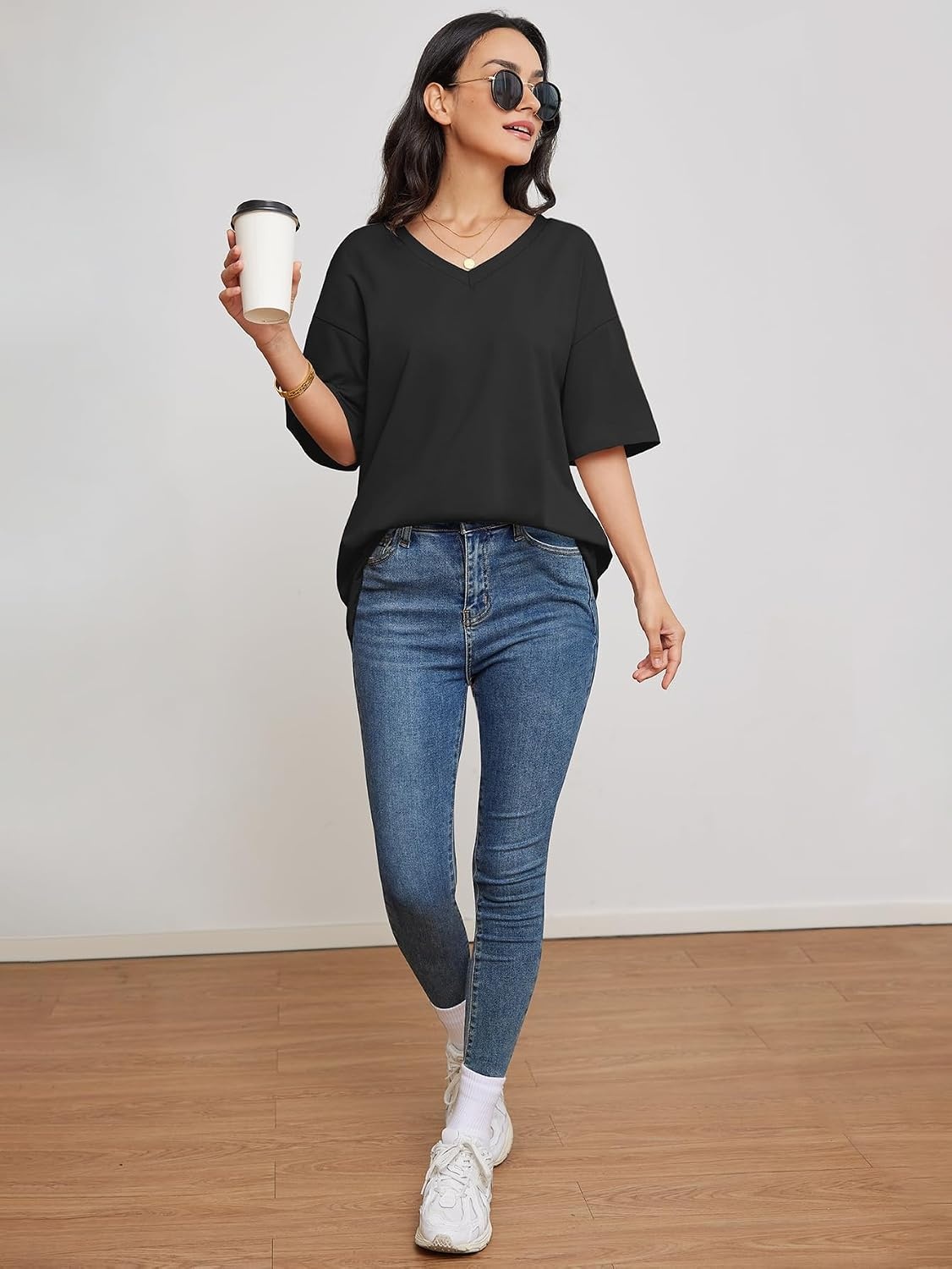 image:imageATHMILE Womens Oversized Shirts V Neck Plus Size Spring Workout Summer Tops Beach Vacation 2026 Gym Clothes Basic TeeBlack