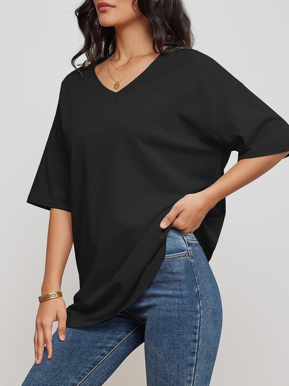image:imageATHMILE Womens Oversized Shirts V Neck Plus Size Spring Workout Summer Tops Beach Vacation 2026 Gym Clothes Basic TeeBlack