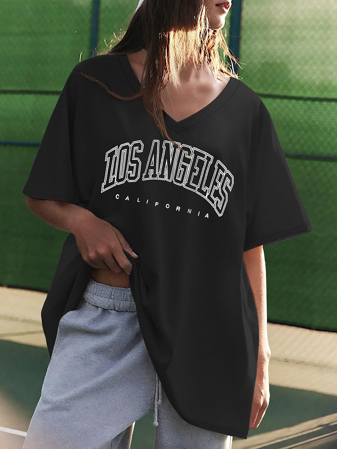 image:imageATHMILE Womens Oversized Shirts V Neck Plus Size Spring Workout Summer Tops Beach Vacation 2026 Gym Clothes Basic TeeBlack1