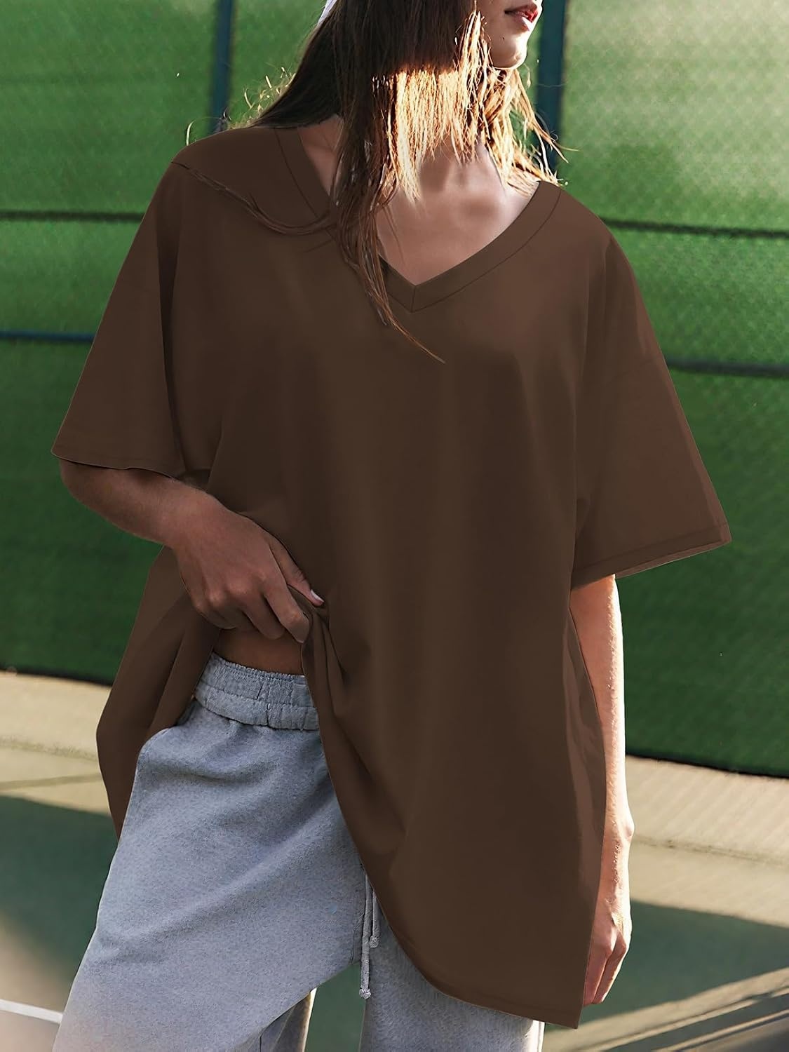 image:imageATHMILE Womens Oversized Shirts V Neck Plus Size Spring Workout Summer Tops Beach Vacation 2026 Gym Clothes Basic TeeBrown
