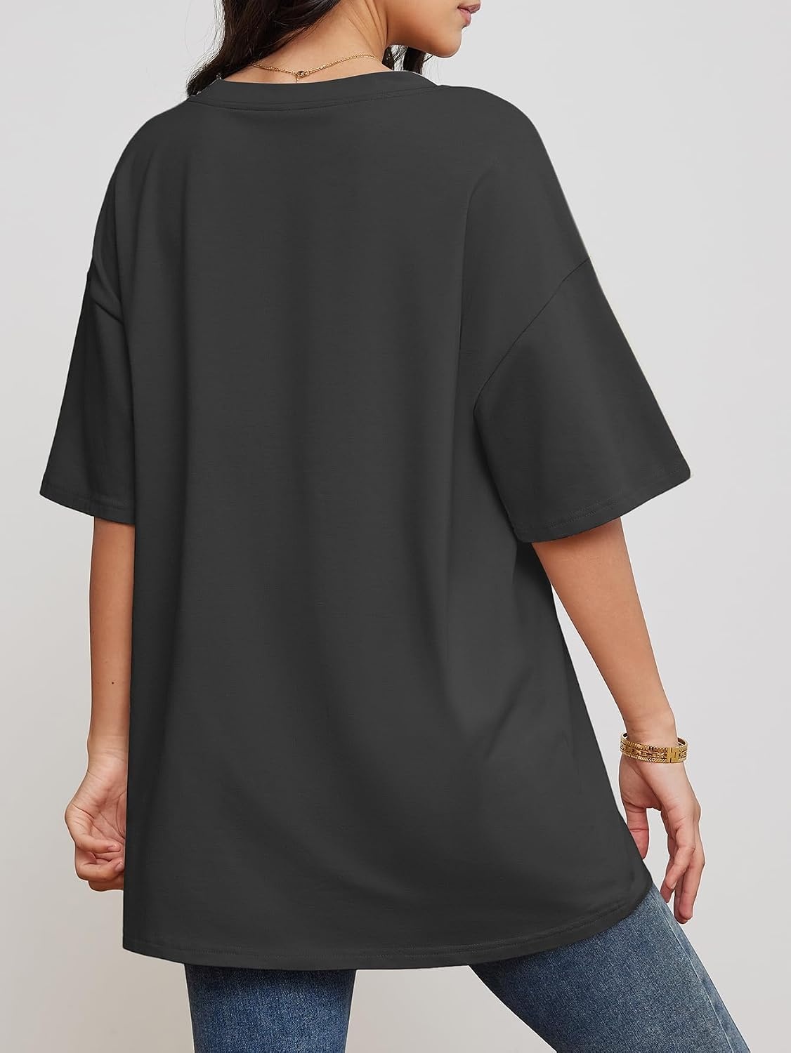 image:imageATHMILE Womens Oversized Shirts V Neck Plus Size Spring Workout Summer Tops Beach Vacation 2026 Gym Clothes Basic TeeDark Gray