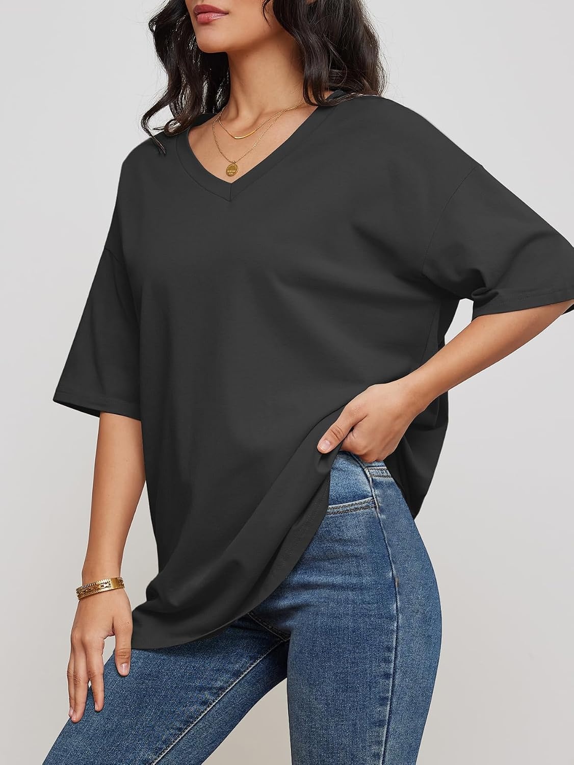 image:imageATHMILE Womens Oversized Shirts V Neck Plus Size Spring Workout Summer Tops Beach Vacation 2026 Gym Clothes Basic TeeDark Gray