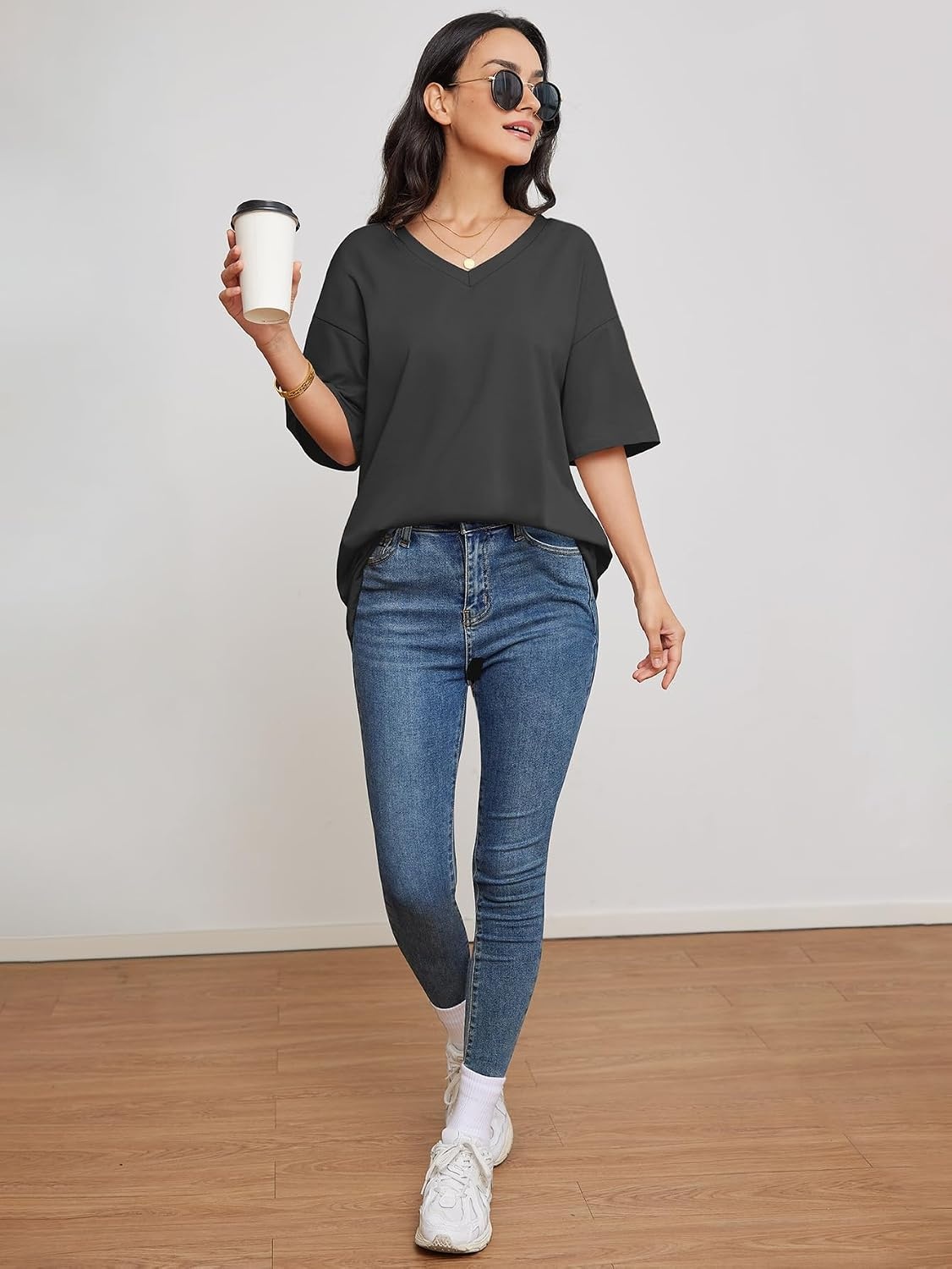 image:imageATHMILE Womens Oversized Shirts V Neck Plus Size Spring Workout Summer Tops Beach Vacation 2026 Gym Clothes Basic TeeDark Gray