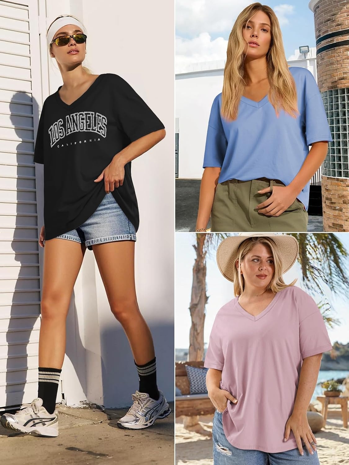 image:imageATHMILE Womens Oversized Shirts V Neck Plus Size Spring Workout Summer Tops Beach Vacation 2026 Gym Clothes Basic TeeDark Gray Green