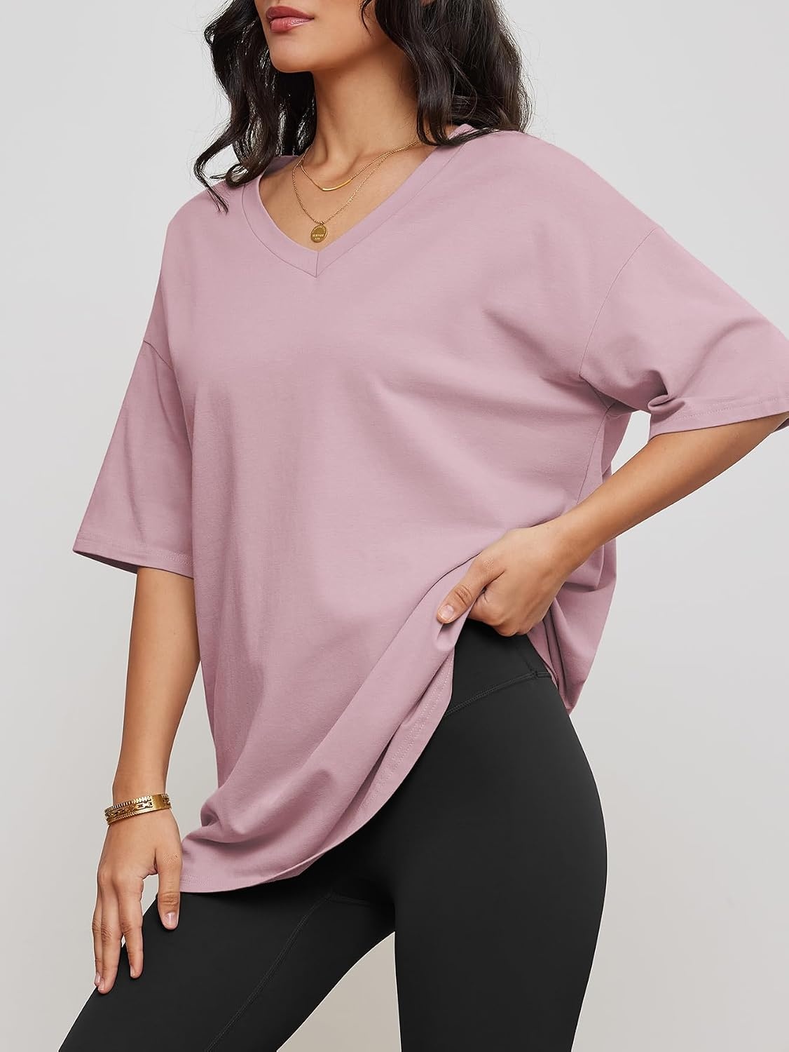 image:imageATHMILE Womens Oversized Shirts V Neck Plus Size Spring Workout Summer Tops Beach Vacation 2026 Gym Clothes Basic TeeDark Pink