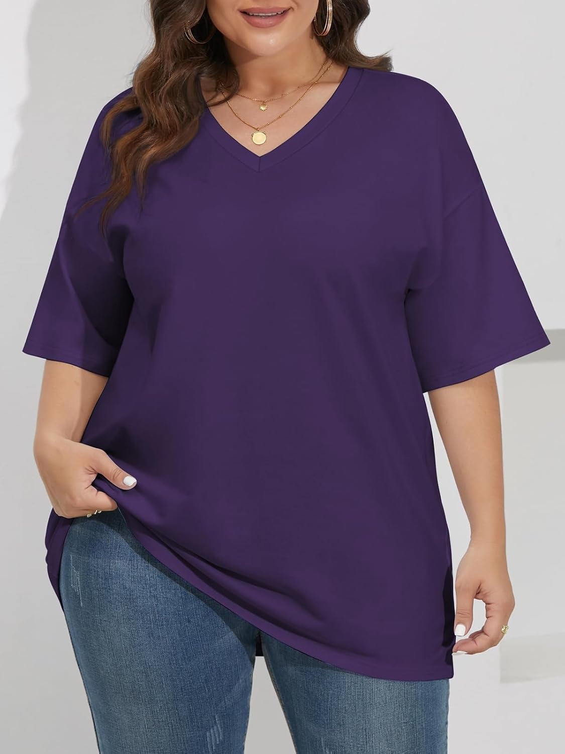 image:imageATHMILE Womens Oversized Shirts V Neck Plus Size Spring Workout Summer Tops Beach Vacation 2026 Gym Clothes Basic TeeDark Purple