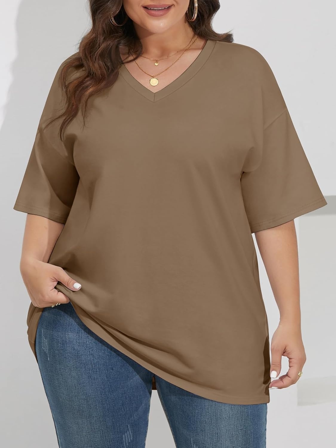 image:imageATHMILE Womens Oversized Shirts V Neck Plus Size Spring Workout Summer Tops Beach Vacation 2026 Gym Clothes Basic TeeDesert