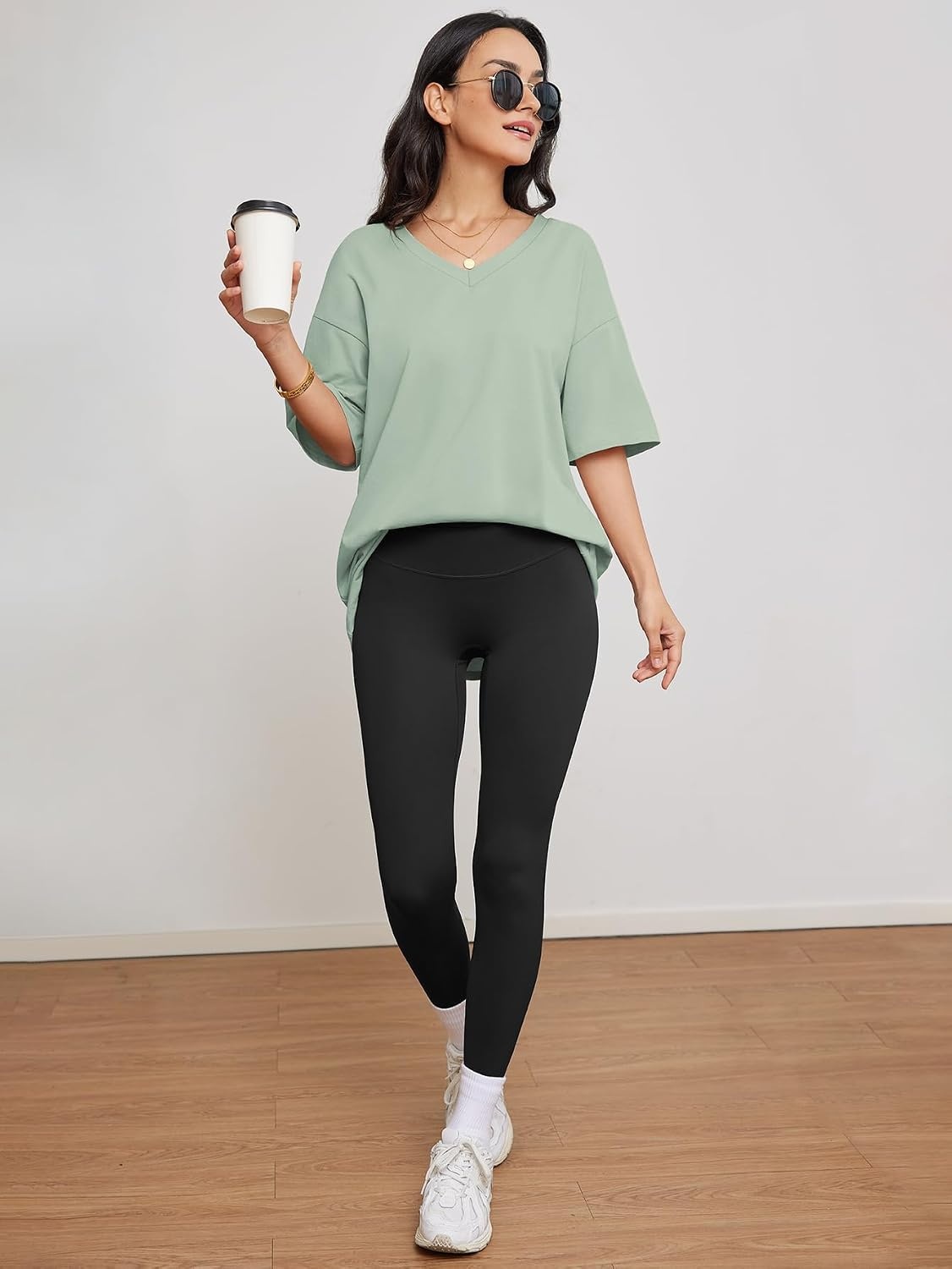 image:imageATHMILE Womens Oversized Shirts V Neck Plus Size Spring Workout Summer Tops Beach Vacation 2026 Gym Clothes Basic TeeGray Green