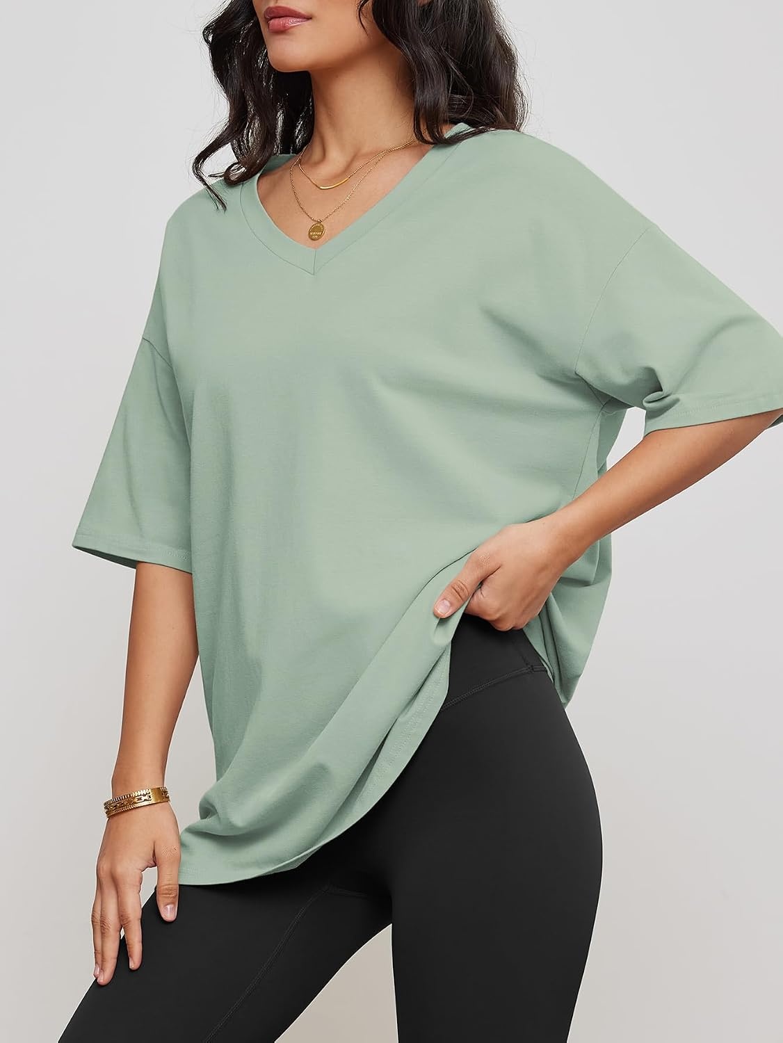 image:imageATHMILE Womens Oversized Shirts V Neck Plus Size Spring Workout Summer Tops Beach Vacation 2026 Gym Clothes Basic TeeGray Green