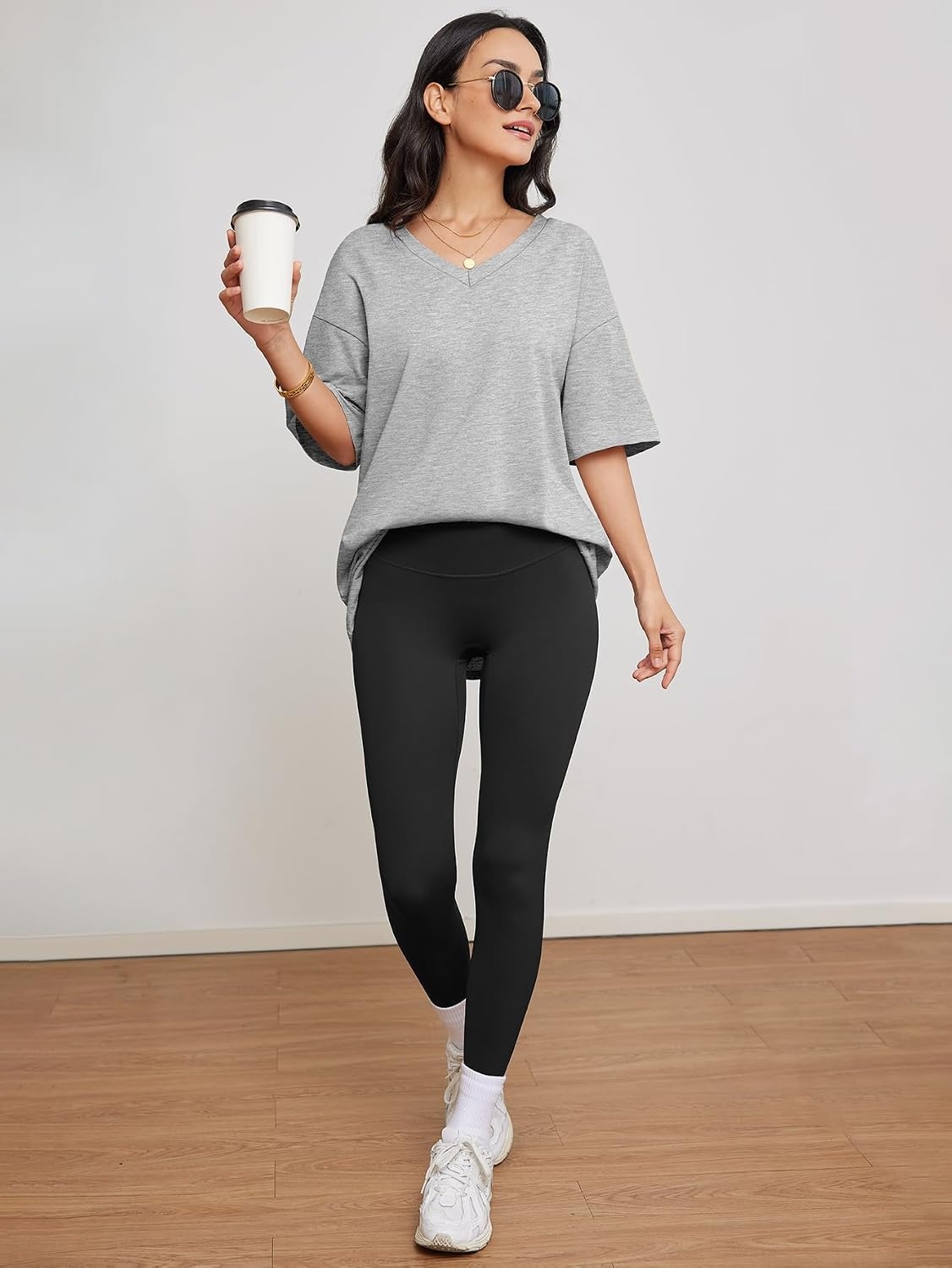 image:imageATHMILE Womens Oversized Shirts V Neck Plus Size Spring Workout Summer Tops Beach Vacation 2026 Gym Clothes Basic TeeGrey
