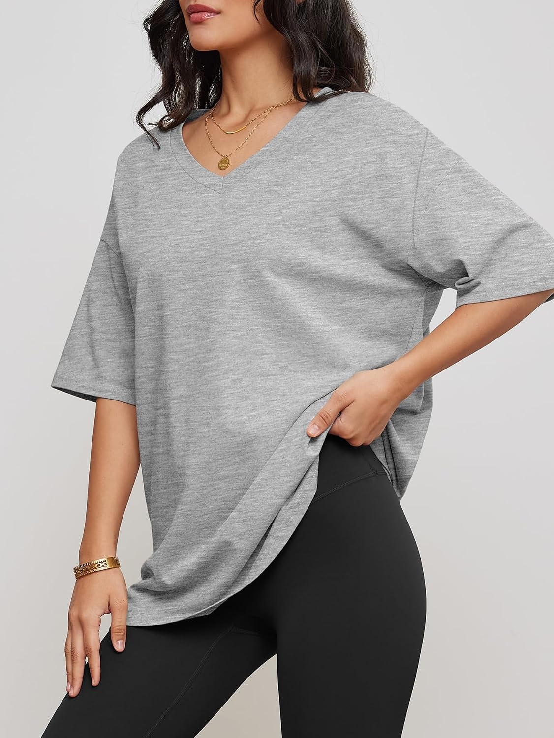 image:imageATHMILE Womens Oversized Shirts V Neck Plus Size Spring Workout Summer Tops Beach Vacation 2026 Gym Clothes Basic TeeGrey