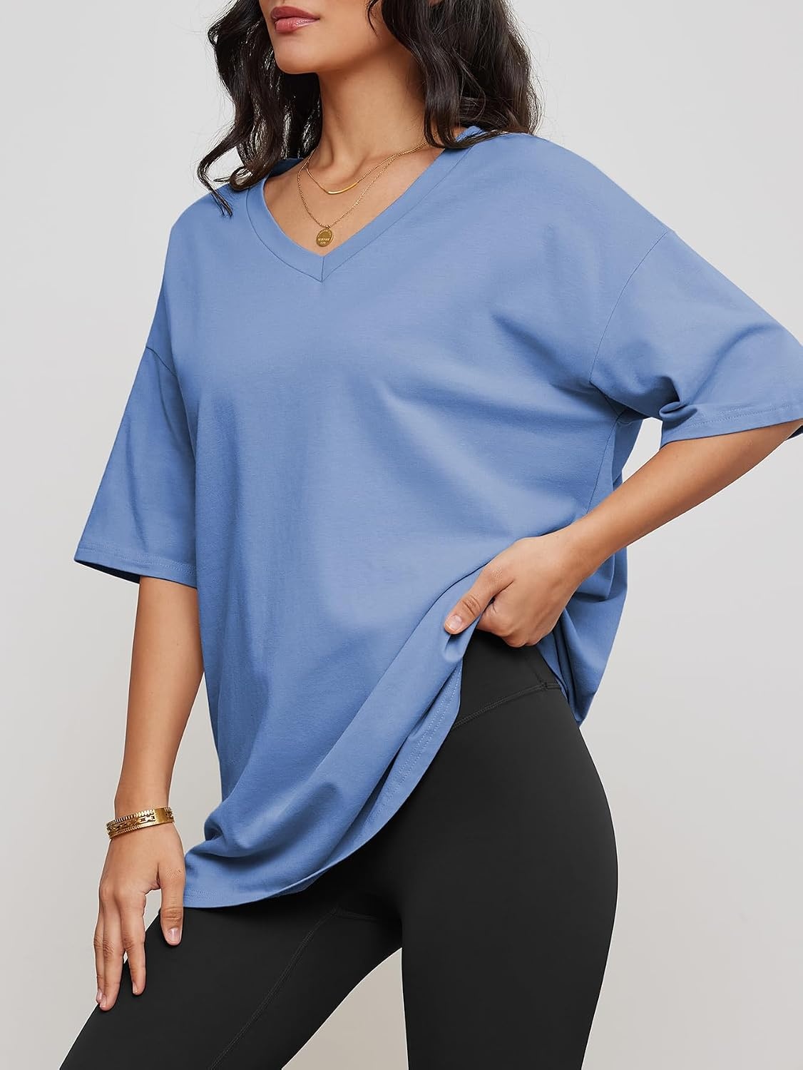 image:imageATHMILE Womens Oversized Shirts V Neck Plus Size Spring Workout Summer Tops Beach Vacation 2026 Gym Clothes Basic TeeIce Blue