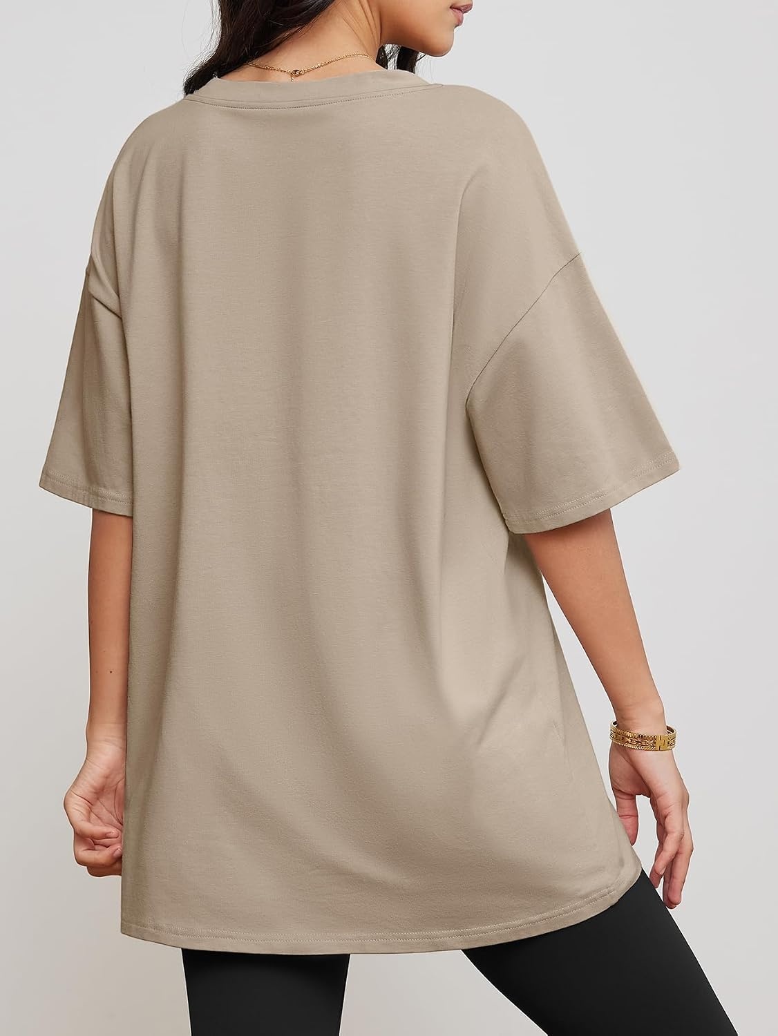 image:imageATHMILE Womens Oversized Shirts V Neck Plus Size Spring Workout Summer Tops Beach Vacation 2026 Gym Clothes Basic TeeKhaki