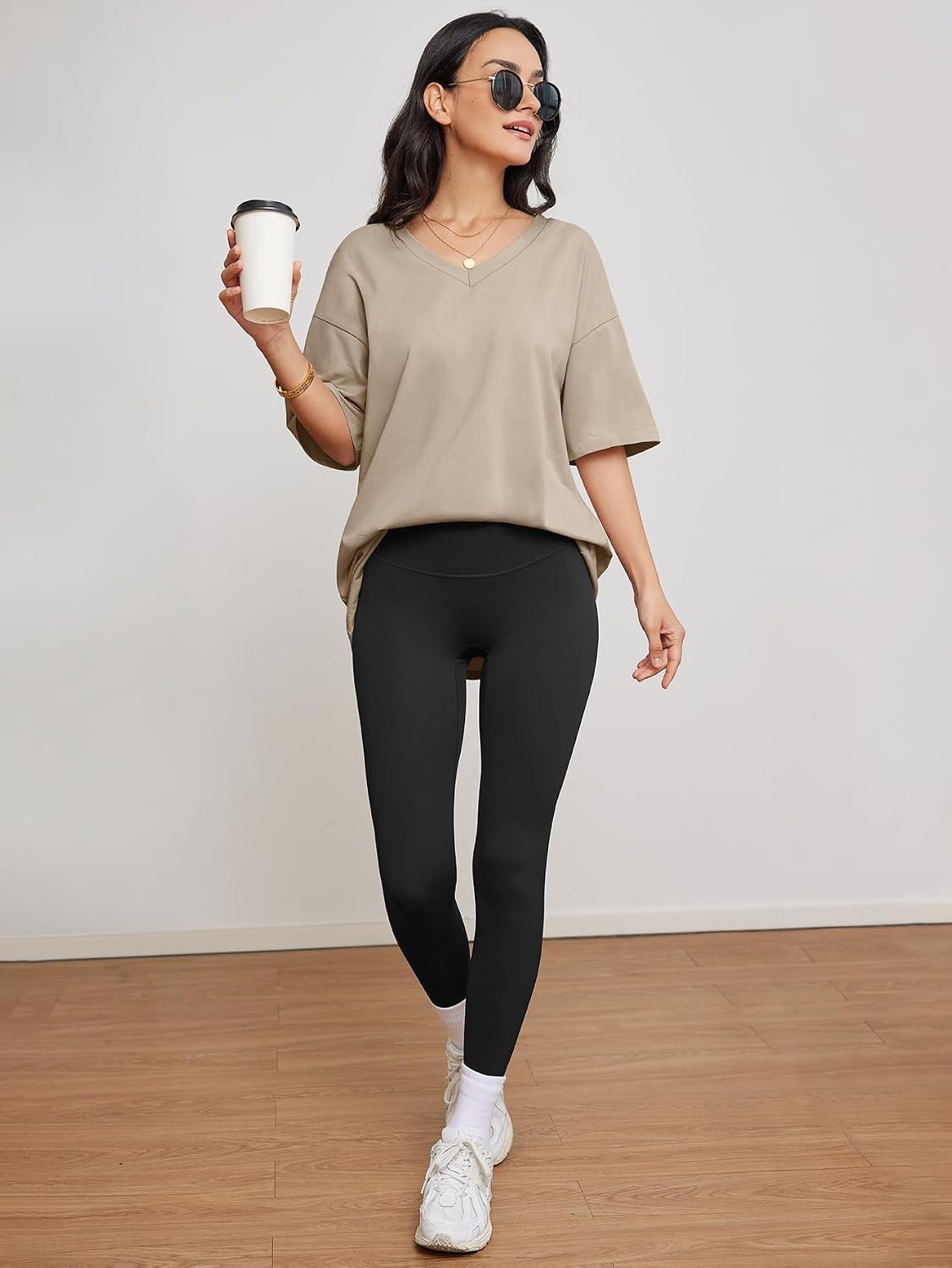 image:imageATHMILE Womens Oversized Shirts V Neck Plus Size Spring Workout Summer Tops Beach Vacation 2026 Gym Clothes Basic TeeKhaki