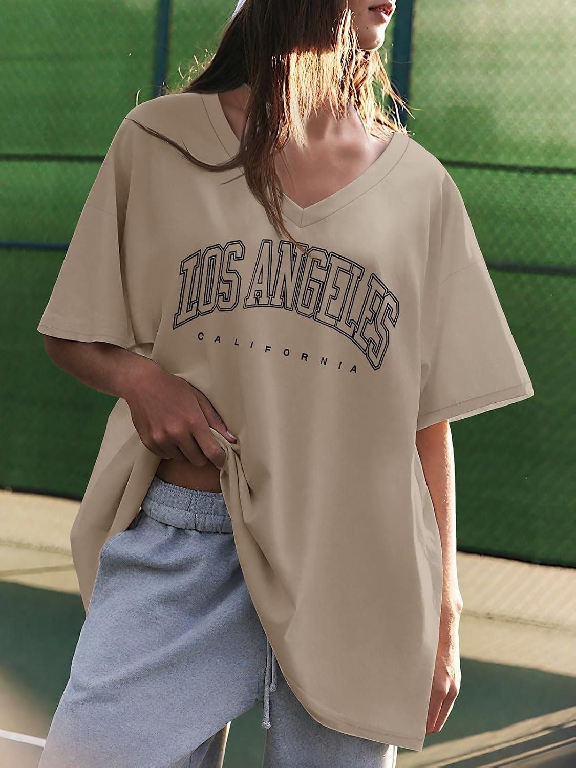image:imageATHMILE Womens Oversized Shirts V Neck Plus Size Spring Workout Summer Tops Beach Vacation 2026 Gym Clothes Basic TeeKhaki1