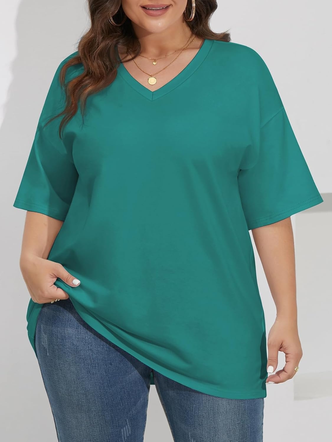 image:imageATHMILE Womens Oversized Shirts V Neck Plus Size Spring Workout Summer Tops Beach Vacation 2026 Gym Clothes Basic TeeLake Green
