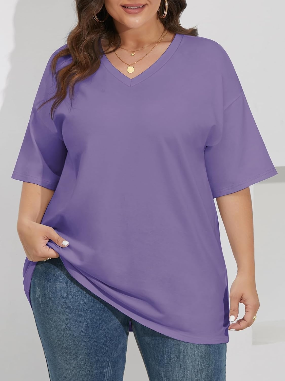 image:imageATHMILE Womens Oversized Shirts V Neck Plus Size Spring Workout Summer Tops Beach Vacation 2026 Gym Clothes Basic TeeLavender