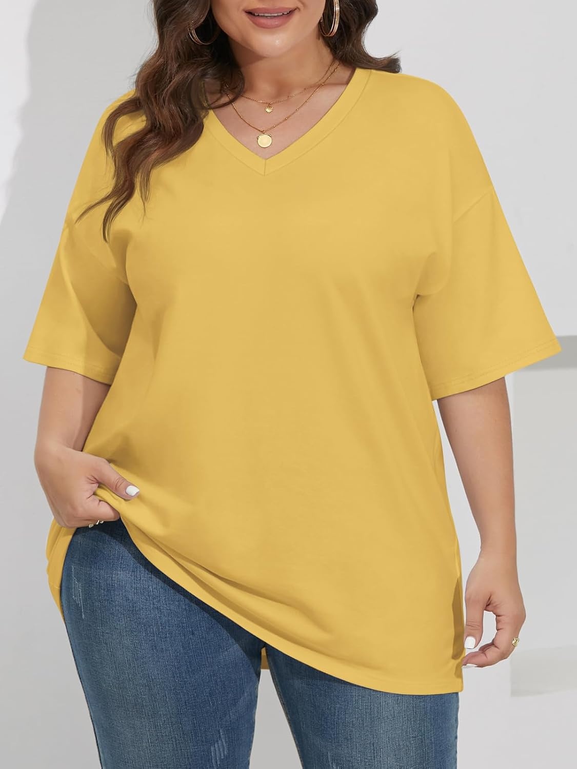 image:imageATHMILE Womens Oversized Shirts V Neck Plus Size Spring Workout Summer Tops Beach Vacation 2026 Gym Clothes Basic TeeLemon Yellow