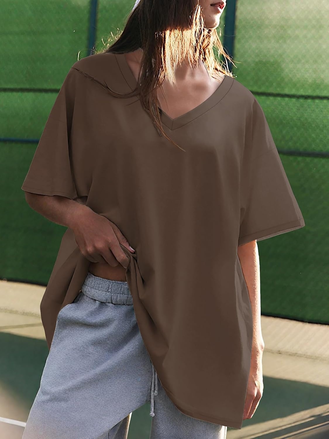 image:imageATHMILE Womens Oversized Shirts V Neck Plus Size Spring Workout Summer Tops Beach Vacation 2026 Gym Clothes Basic TeeLight Brown