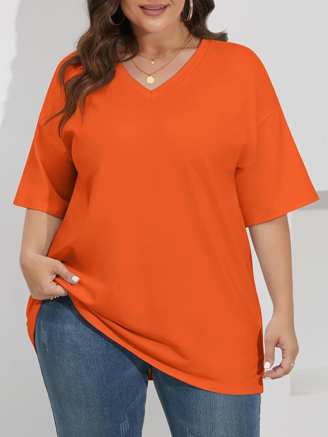 image:imageATHMILE Womens Oversized Shirts V Neck Plus Size Spring Workout Summer Tops Beach Vacation 2026 Gym Clothes Basic TeeOrange