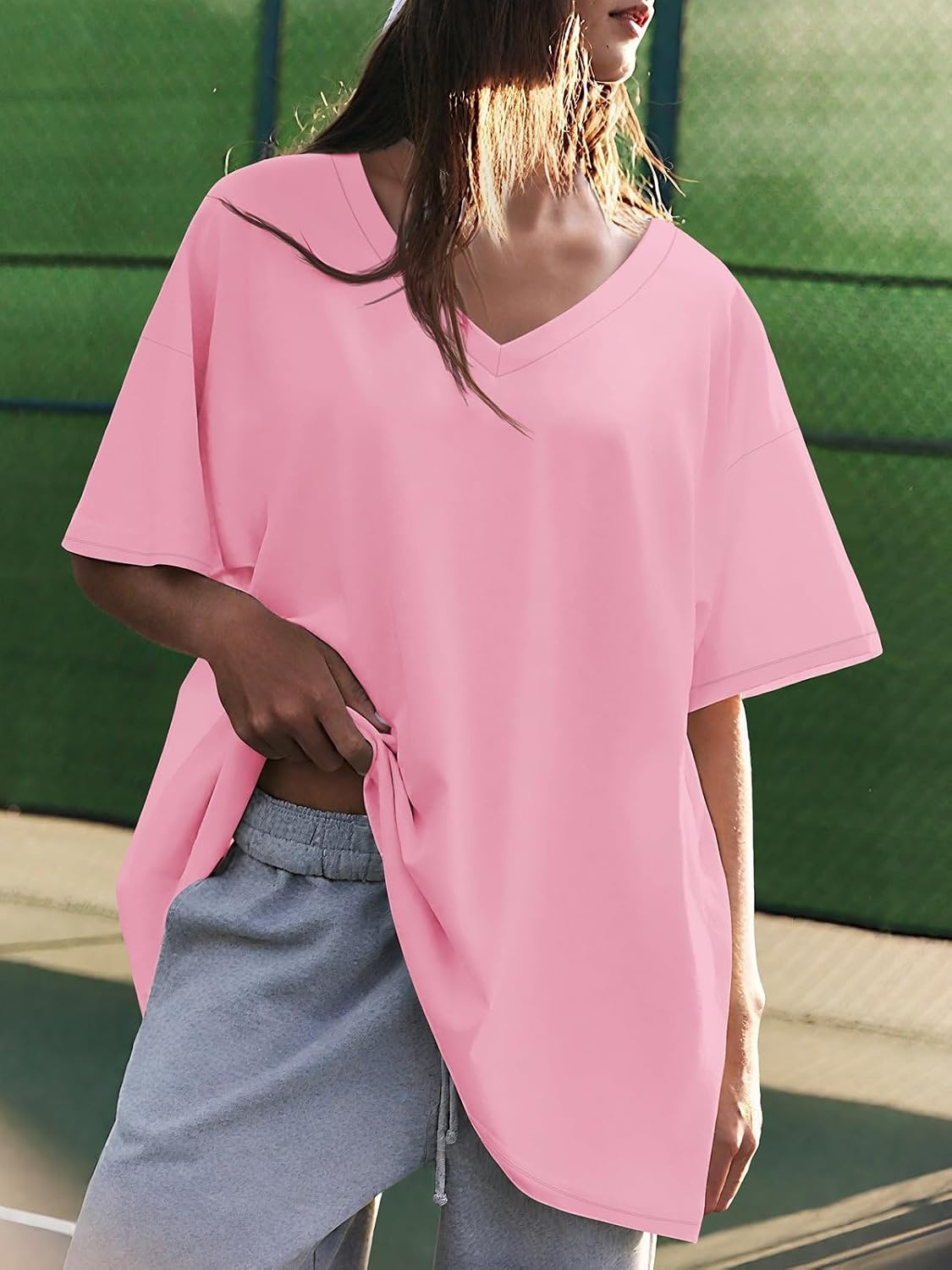 image:imageATHMILE Womens Oversized Shirts V Neck Plus Size Spring Workout Summer Tops Beach Vacation 2026 Gym Clothes Basic TeePink