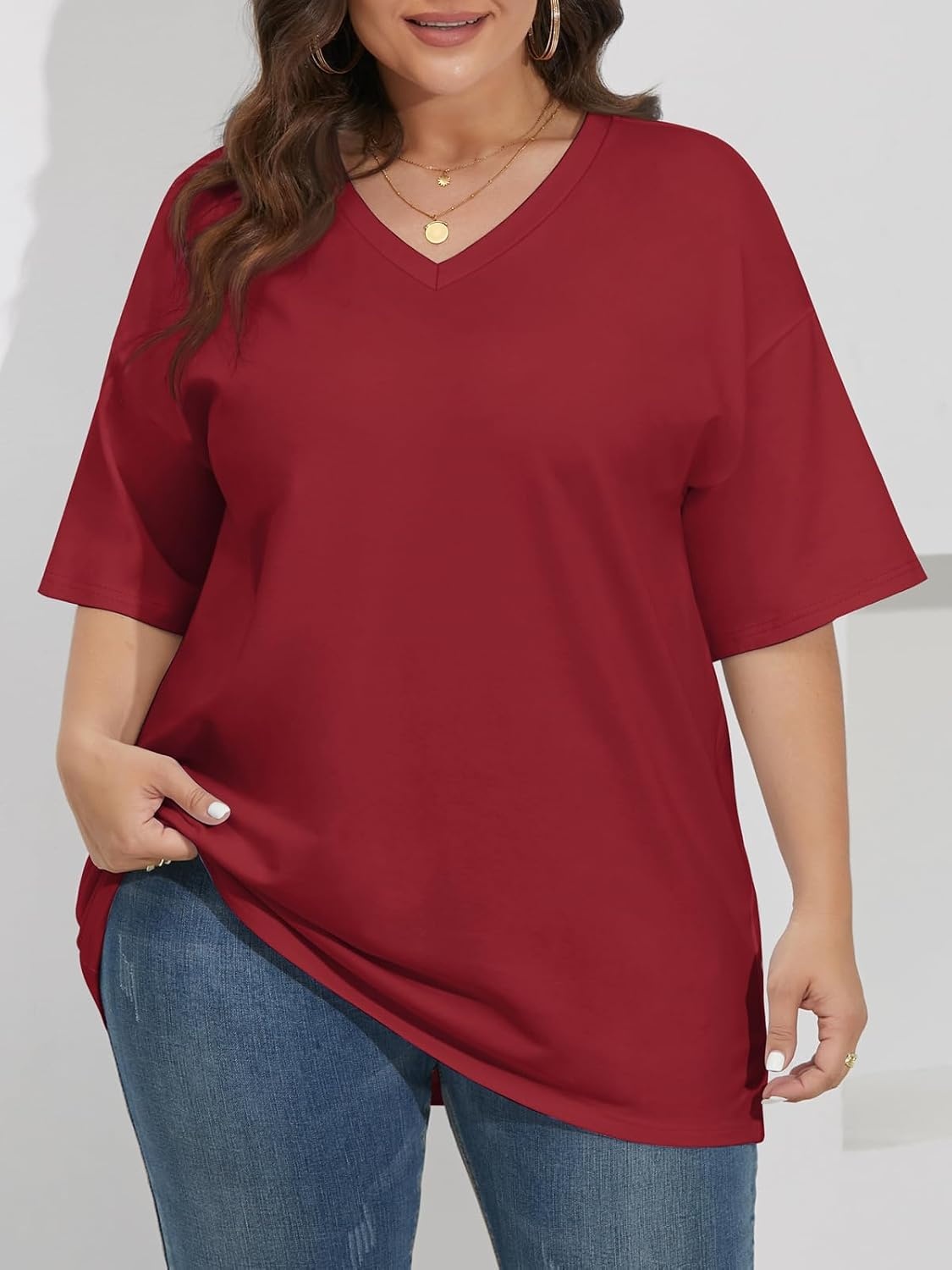 image:imageATHMILE Womens Oversized Shirts V Neck Plus Size Spring Workout Summer Tops Beach Vacation 2026 Gym Clothes Basic TeeRed
