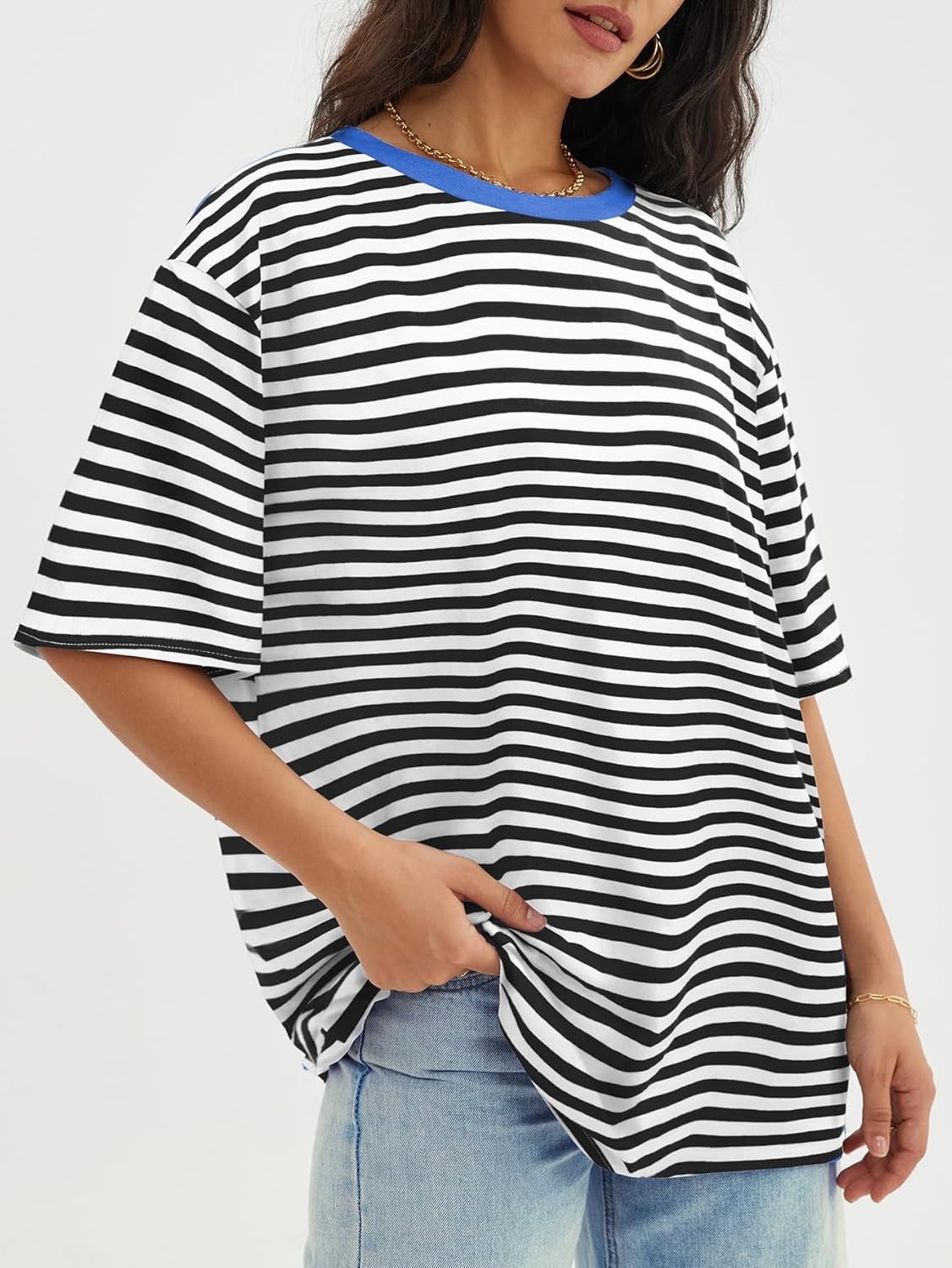 image:imageATHMILE Womens Oversized T Shirts Casual Tee Workout Tops Gym Clothes Summer Loose Fit Short Sleeve Graphics Basic Y2K 2026Striped Black White