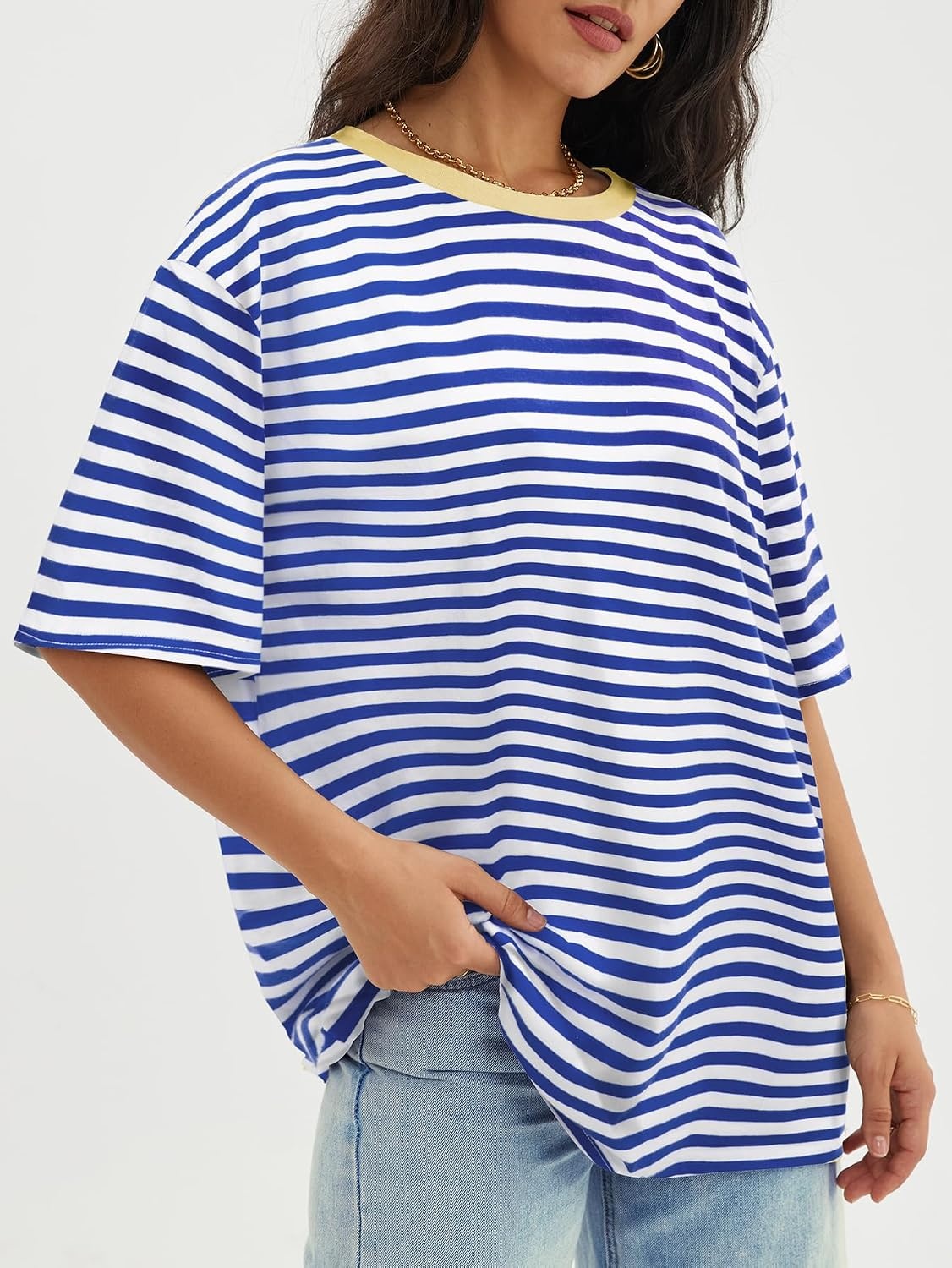 image:imageATHMILE Womens Oversized T Shirts Casual Tee Workout Tops Gym Clothes Summer Loose Fit Short Sleeve Graphics Basic Y2K 2026Striped Blue White