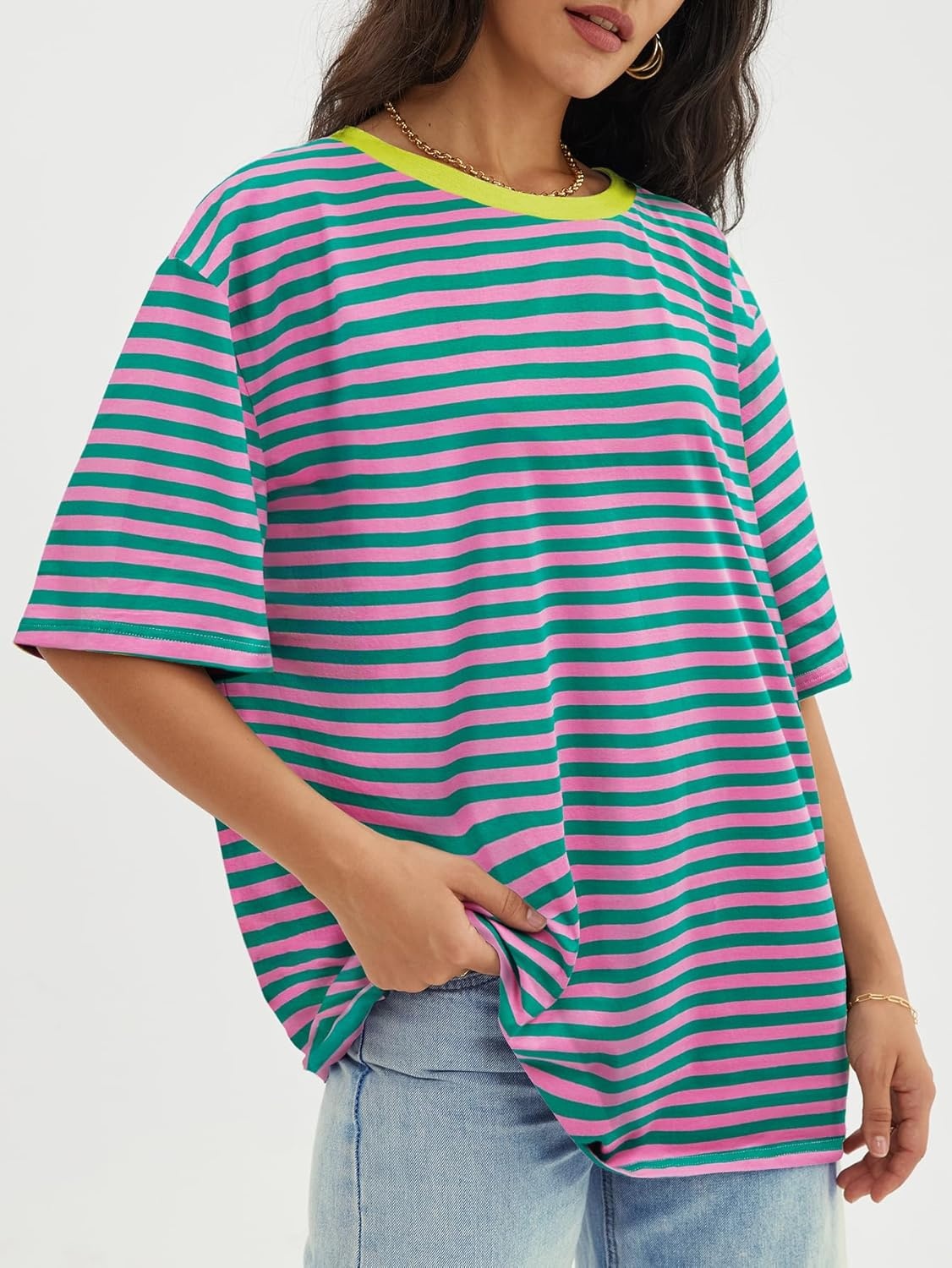 image:imageATHMILE Womens Oversized T Shirts Casual Tee Workout Tops Gym Clothes Summer Loose Fit Short Sleeve Graphics Basic Y2K 2026Striped Pink Green