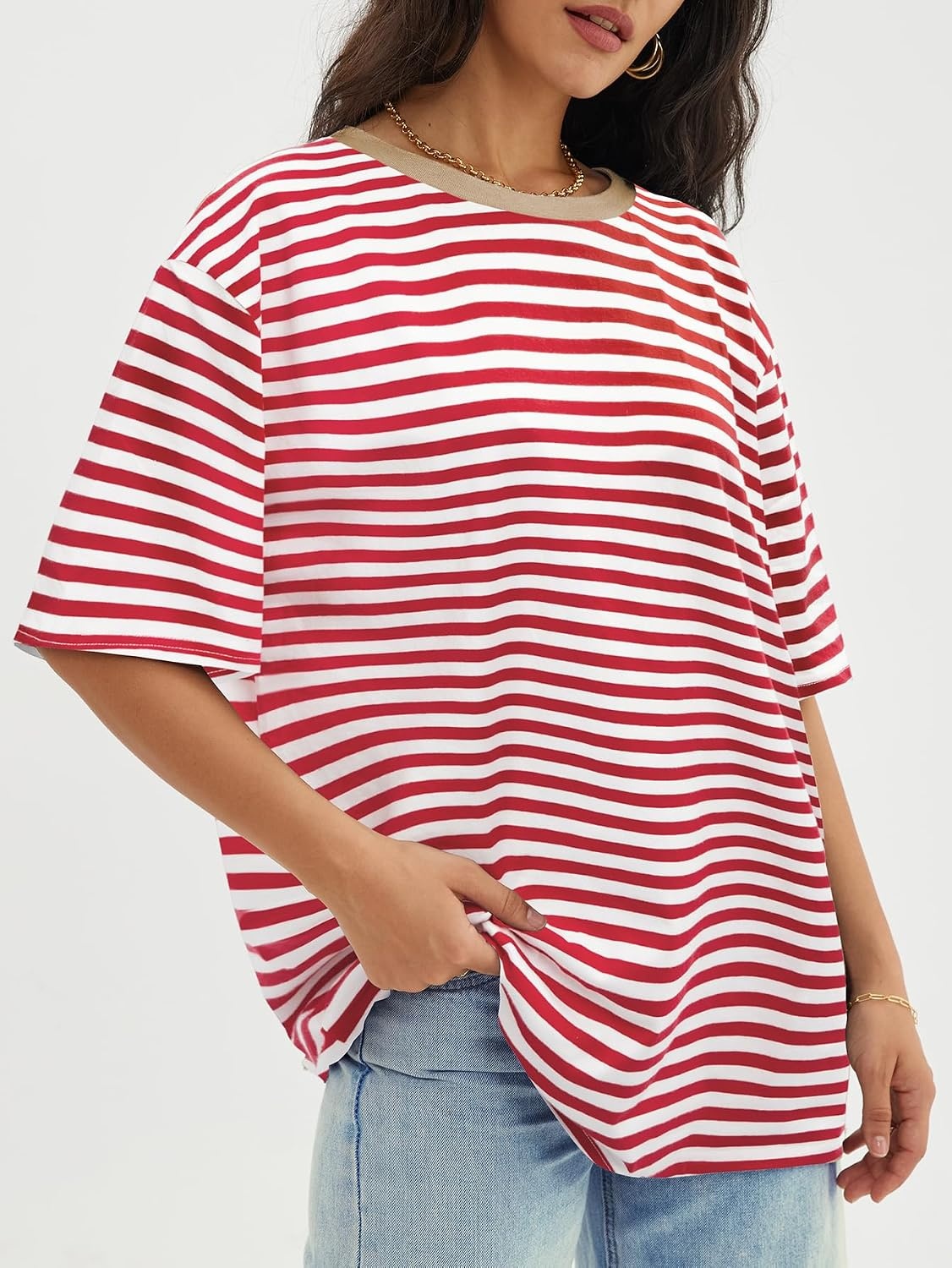 image:imageATHMILE Womens Oversized T Shirts Casual Tee Workout Tops Gym Clothes Summer Loose Fit Short Sleeve Graphics Basic Y2K 2026Striped Red White