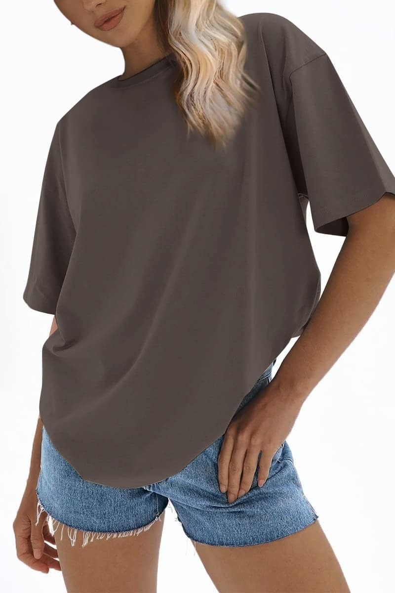 image:imageATHMILE Womens Oversized T Shirts Loose Fit Crewneck Short Sleeve Tops Summer Casual Blouse 2026 Y2K Basic Tee BeachBrown