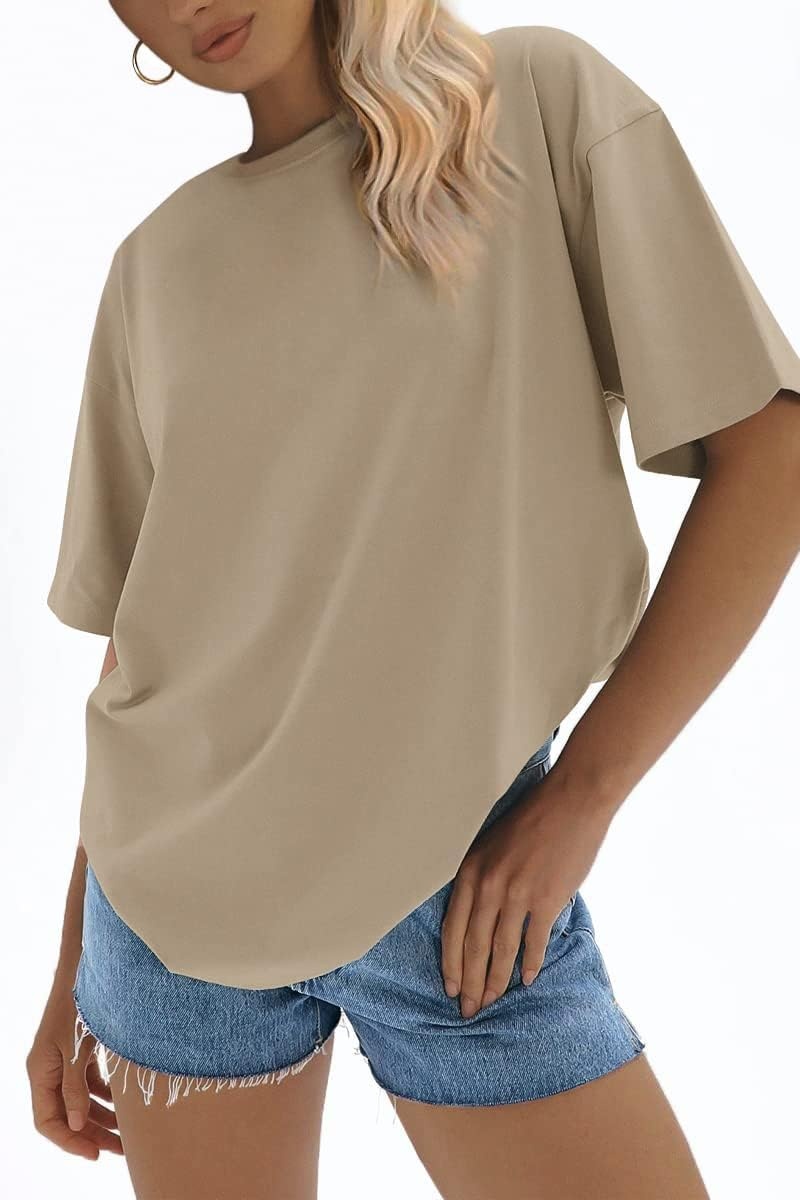image:imageATHMILE Womens Oversized T Shirts Loose Fit Crewneck Short Sleeve Tops Summer Casual Blouse 2026 Y2K Basic Tee BeachKhaki