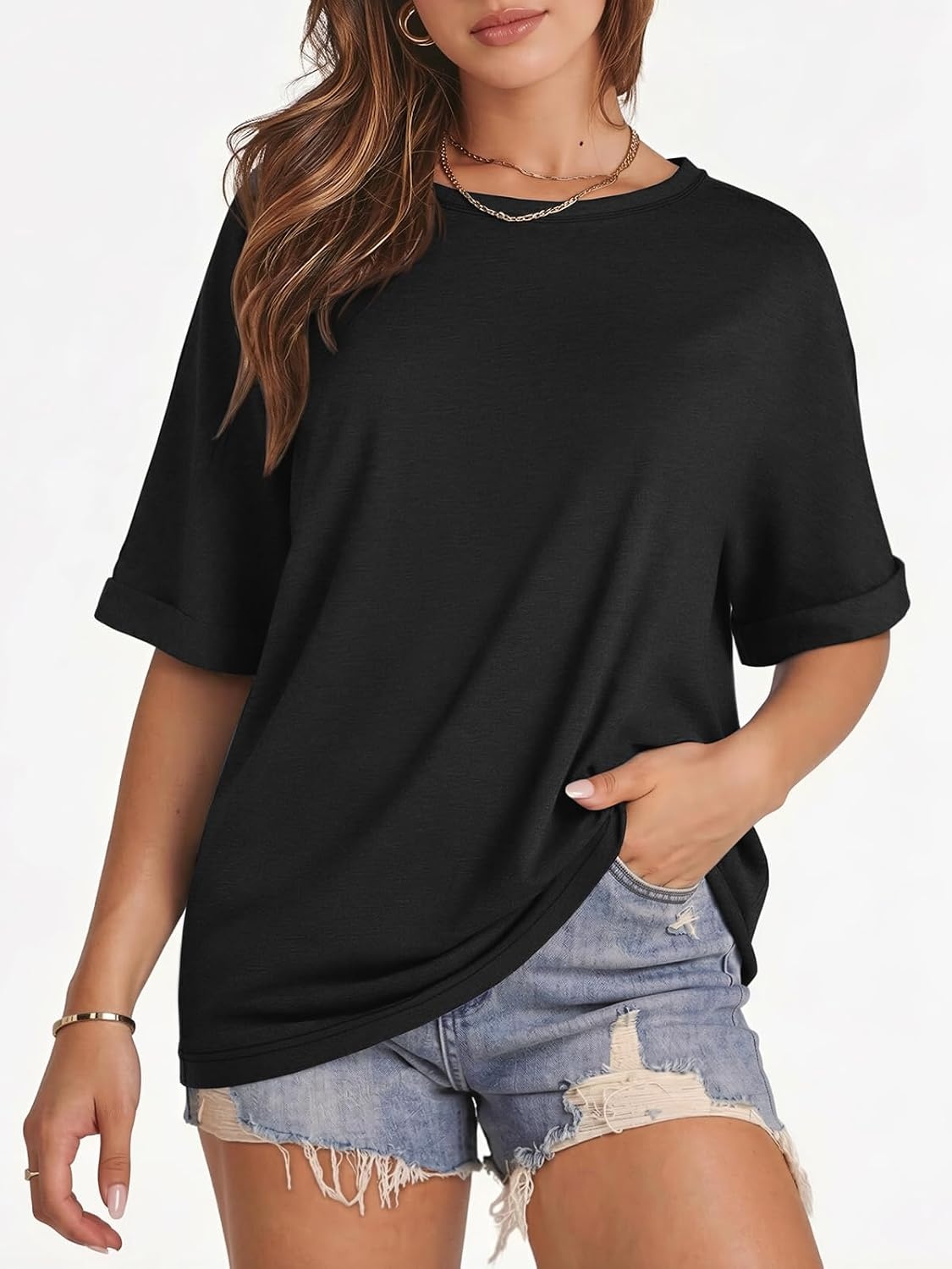 image:imageATHMILE Womens Oversized T Shirts Summer Tops Spring Casual Loose Fit Workout Short Sleeve 2026 Beach VacationBlack