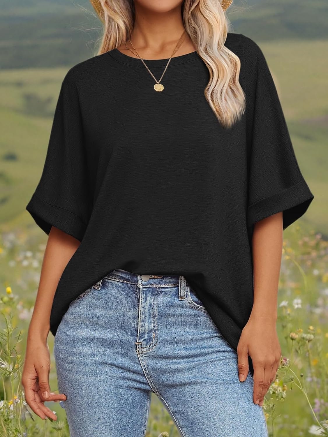 image:imageATHMILE Womens Oversized T Shirts Summer Tops Spring Casual Loose Fit Workout Short Sleeve 2026 Beach VacationBlack