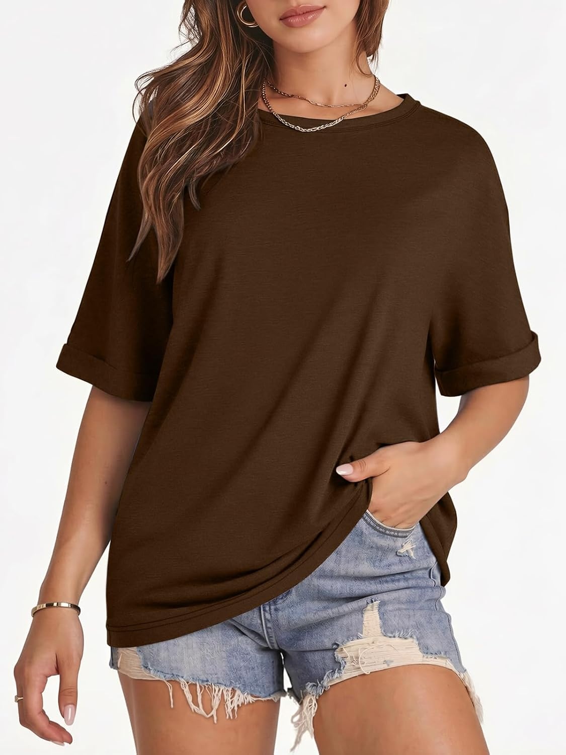 image:imageATHMILE Womens Oversized T Shirts Summer Tops Spring Casual Loose Fit Workout Short Sleeve 2026 Beach VacationBrown