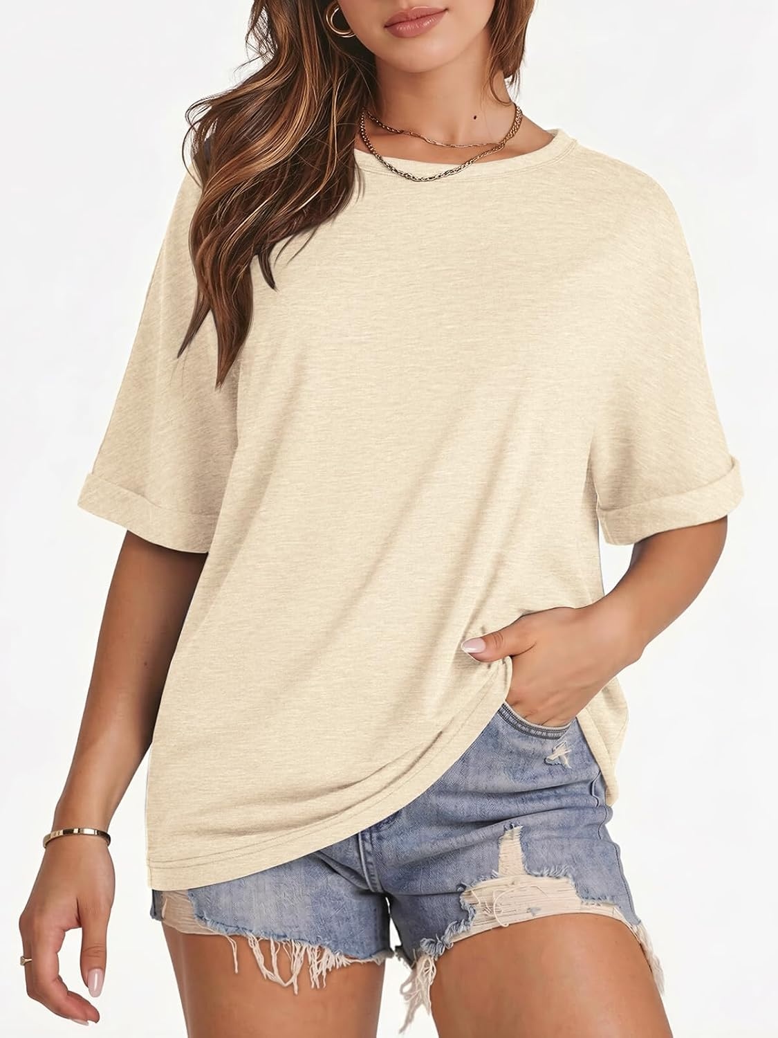 image:imageATHMILE Womens Oversized T Shirts Summer Tops Spring Casual Loose Fit Workout Short Sleeve 2026 Beach VacationCream