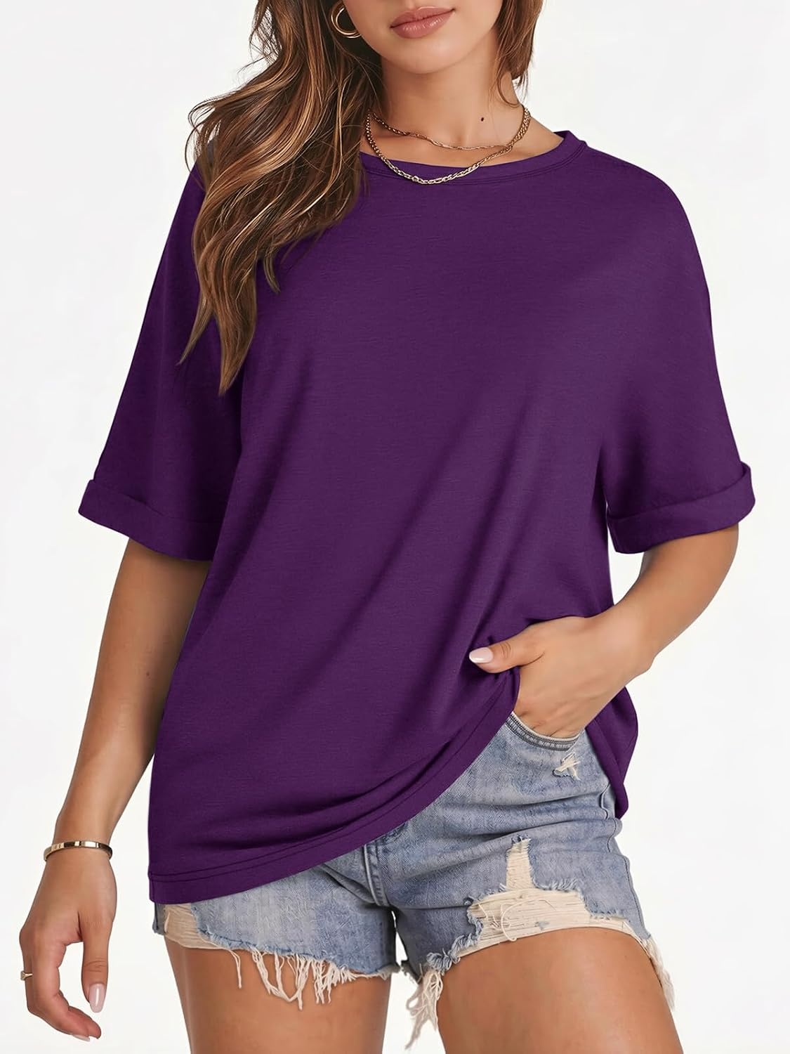 image:imageATHMILE Womens Oversized T Shirts Summer Tops Spring Casual Loose Fit Workout Short Sleeve 2026 Beach VacationDark Purple