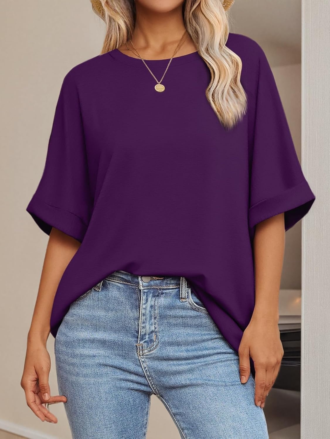 image:imageATHMILE Womens Oversized T Shirts Summer Tops Spring Casual Loose Fit Workout Short Sleeve 2026 Beach VacationDark Purple