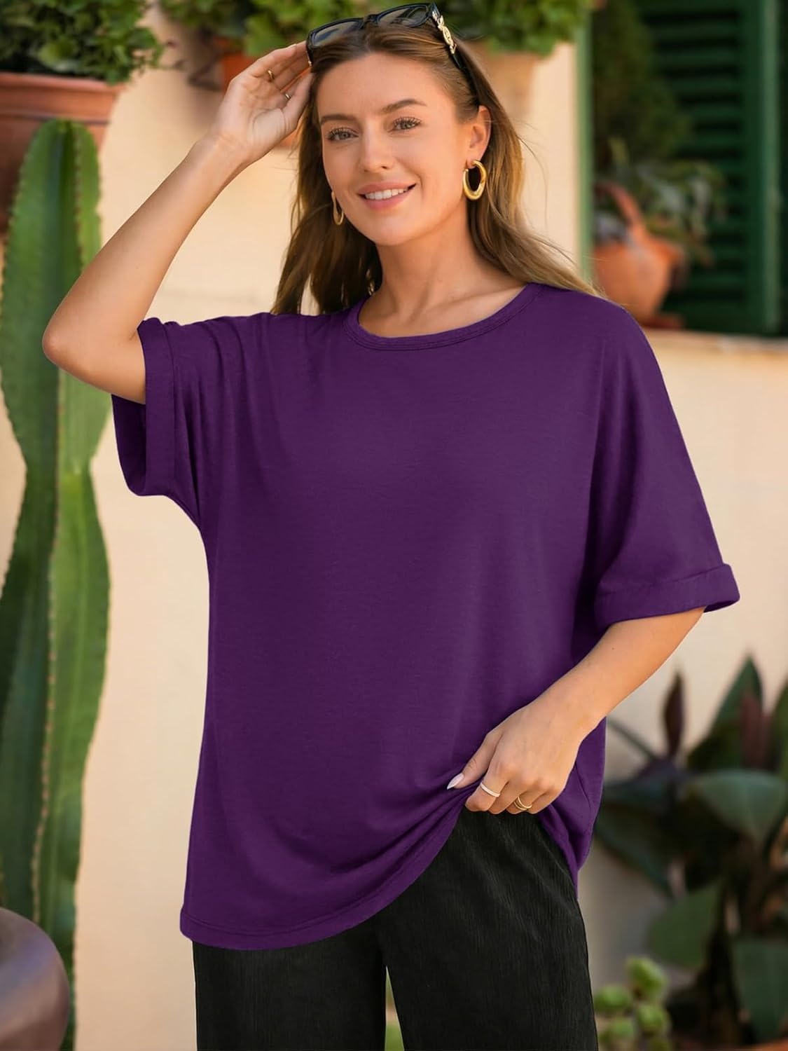 image:imageATHMILE Womens Oversized T Shirts Summer Tops Spring Casual Loose Fit Workout Short Sleeve 2026 Beach VacationDark Purple