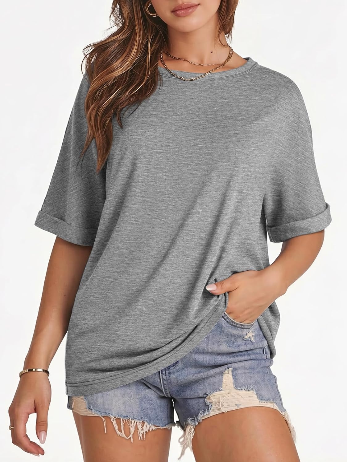 image:imageATHMILE Womens Oversized T Shirts Summer Tops Spring Casual Loose Fit Workout Short Sleeve 2026 Beach VacationLight Gray