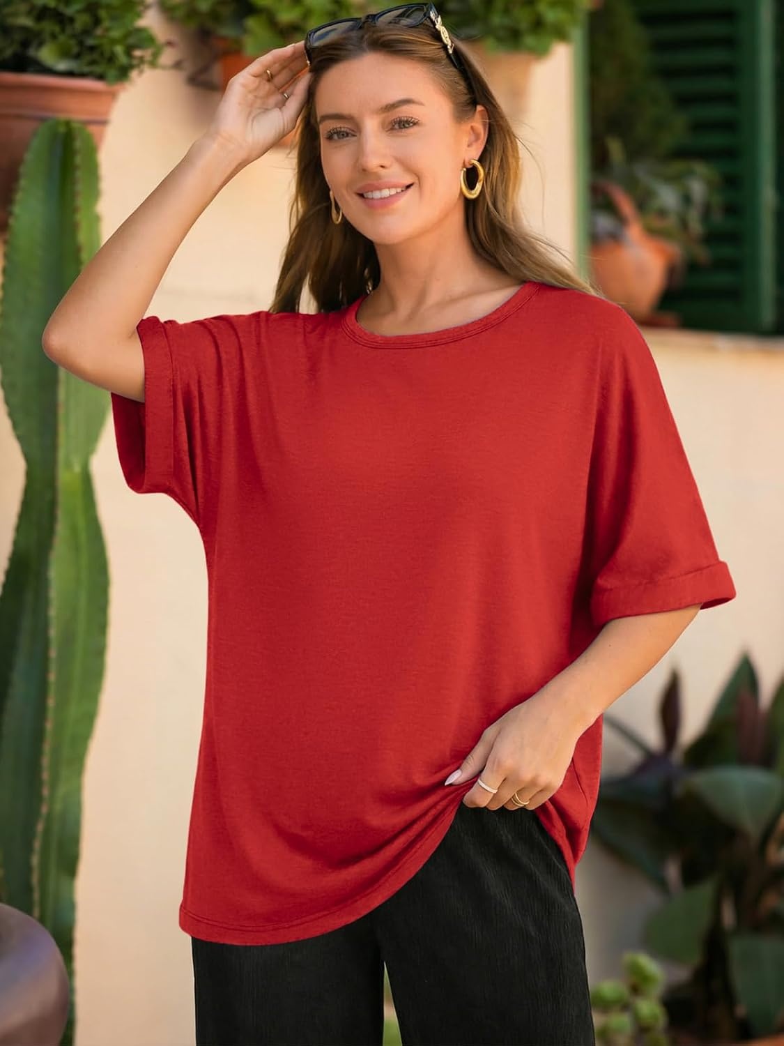 image:imageATHMILE Womens Oversized T Shirts Summer Tops Spring Casual Loose Fit Workout Short Sleeve 2026 Beach VacationRed