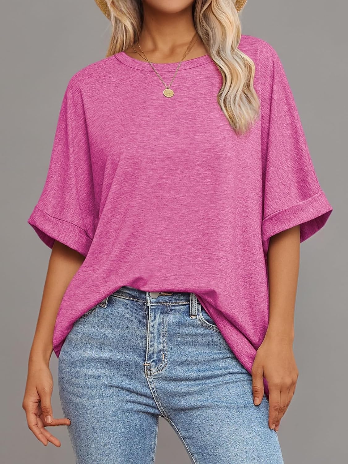 image:imageATHMILE Womens Oversized T Shirts Summer Tops Spring Casual Loose Fit Workout Short Sleeve 2026 Beach VacationRose Red